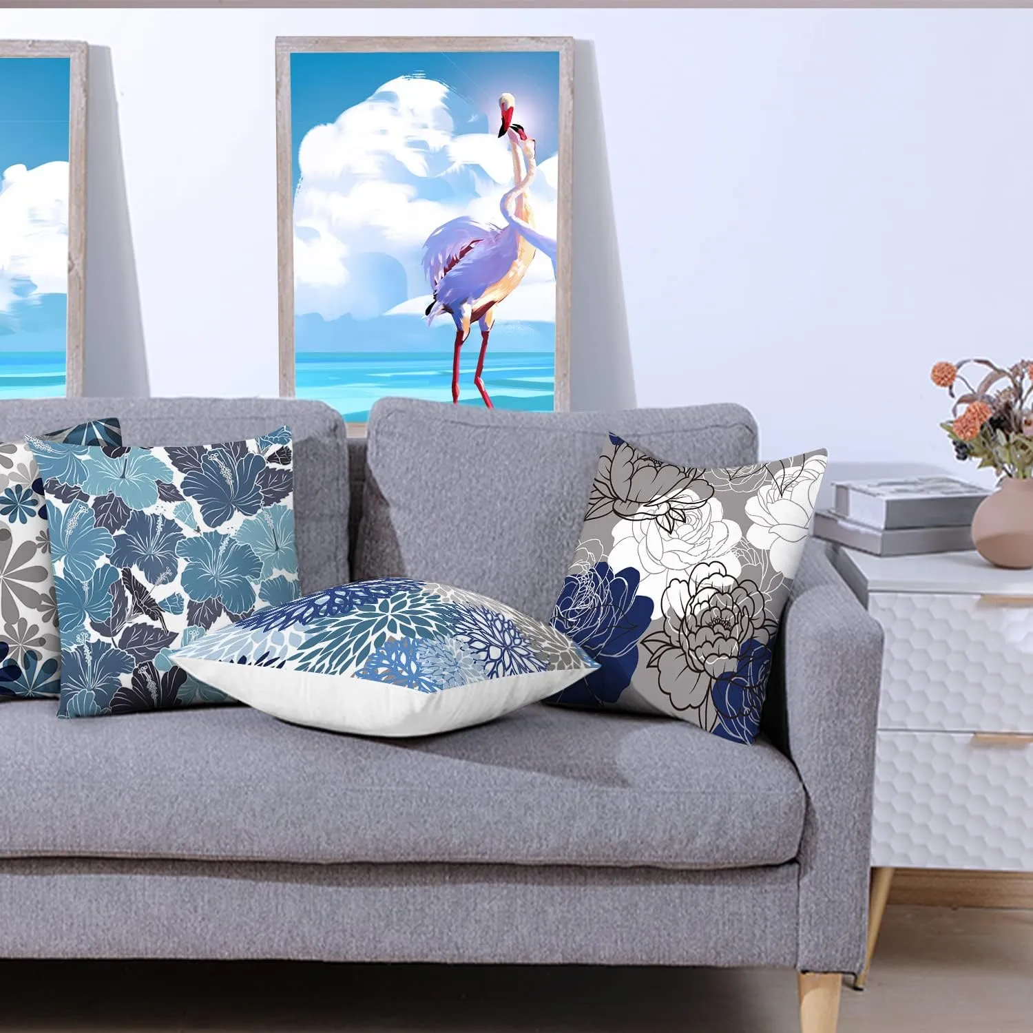 Blue Grey Pillow Covers 20x20 Set of 6 Decorative Daisy Flower Throw Pillow Cover for Couch Modern Farmhouse Cushion Cover for Living Room Bed Patio Home Decor
