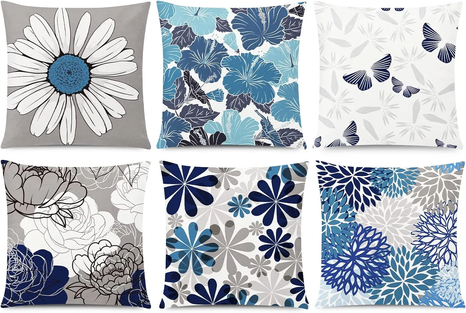 Blue Grey Pillow Covers 20x20 Set of 6 Decorative Daisy Flower Throw Pillow Cover for Couch Modern Farmhouse Cushion Cover for Living Room Bed Patio Home Decor