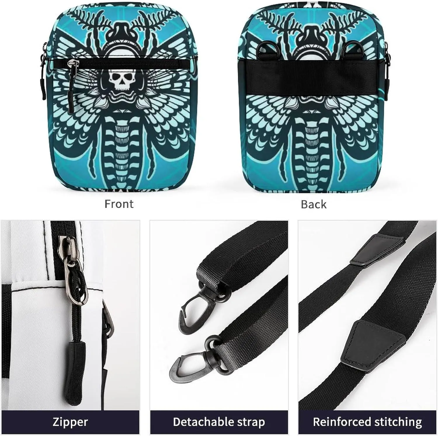 Blue Moth Dead Head, Mystical Circle, Skull, Moon, Stars Occultism Adjustable Fanny Waist Pack Pouch, Waterproof Crossbody Runners Bag Wallet for Gym Hiking Fitness Women Men 6.1 x 2.2 x 7.9 inch