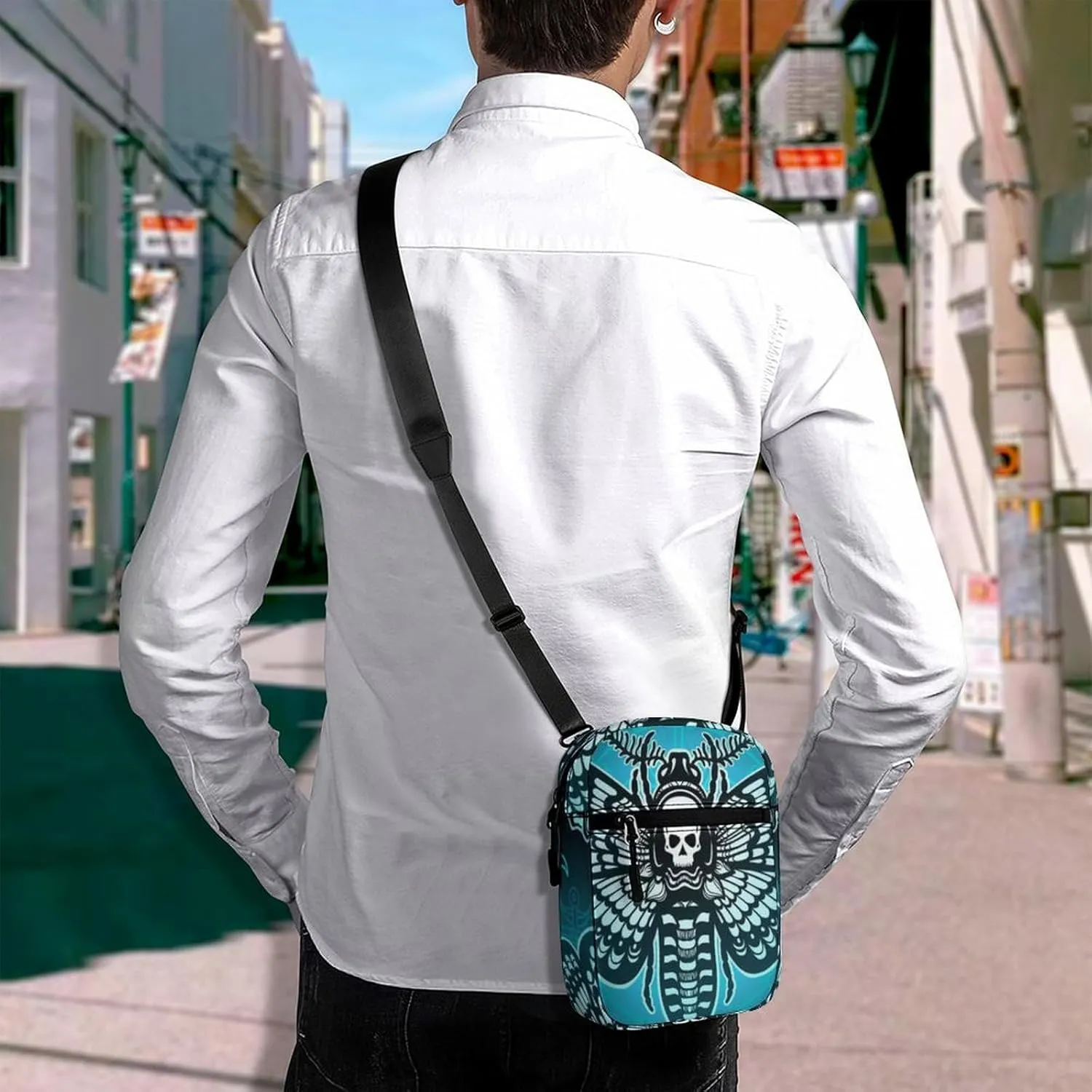 Blue Moth Dead Head, Mystical Circle, Skull, Moon, Stars Occultism Adjustable Fanny Waist Pack Pouch, Waterproof Crossbody Runners Bag Wallet for Gym Hiking Fitness Women Men 6.1 x 2.2 x 7.9 inch