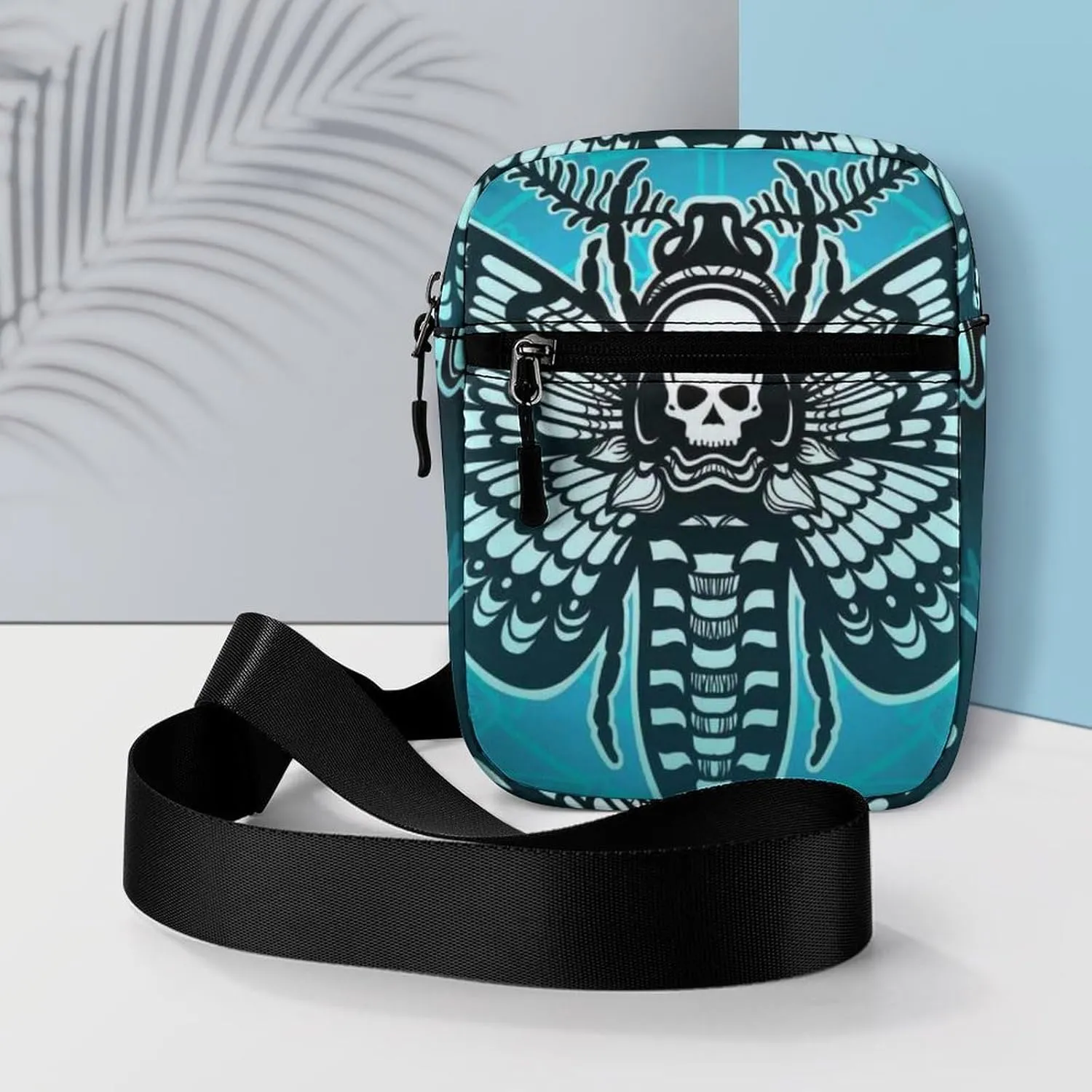 Blue Moth Dead Head, Mystical Circle, Skull, Moon, Stars Occultism Adjustable Fanny Waist Pack Pouch, Waterproof Crossbody Runners Bag Wallet for Gym Hiking Fitness Women Men 6.1 x 2.2 x 7.9 inch