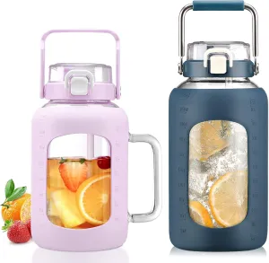 BLUEGO 64oz and 84oz Glass Water Bottles Bundle(64 Purple   84 DBlue) with Straw and Lids Handle Large Water Tumbler with Sleeve, Glass Water Container, 2 Liter Water Jug Glass, BPA Free