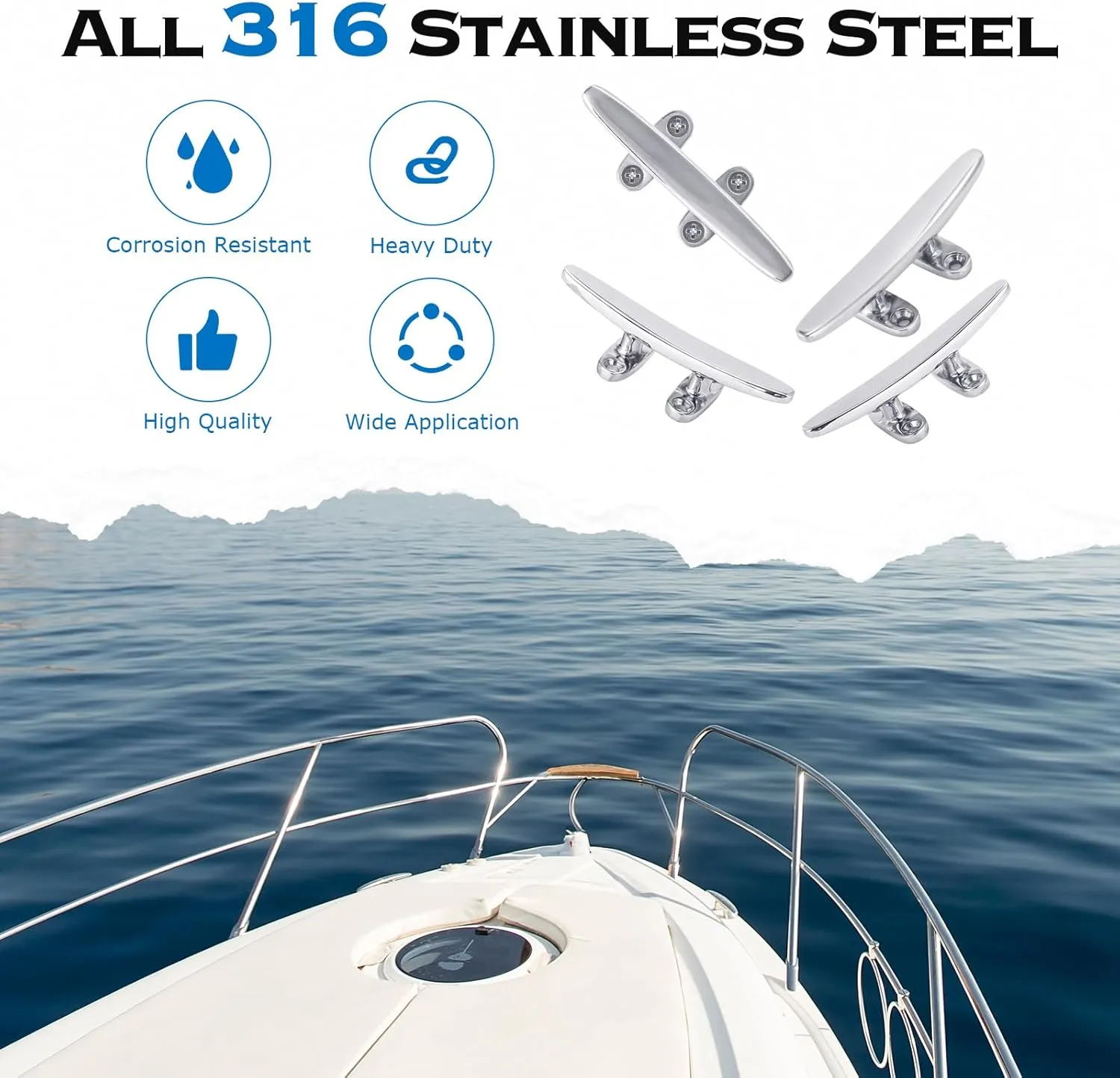 Boat Cleat 316 Stainless Steel Boat Dock Cleat Open Base Flat Top Boat Mooring Accessories, Include Installation Accessories