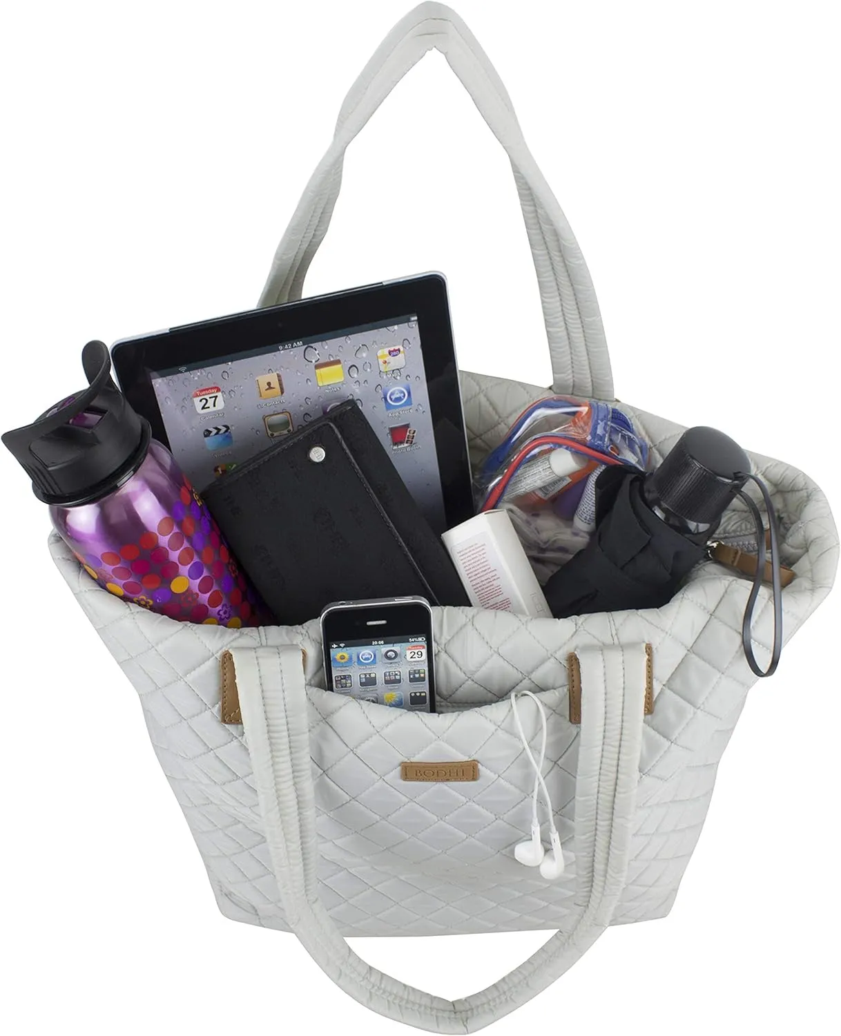 BODHI Quilted Soft Luxe Large Tote Bag For Women, Travel Shoulder Bag Top Handle Handbag for Gym, Work, Fog Gray