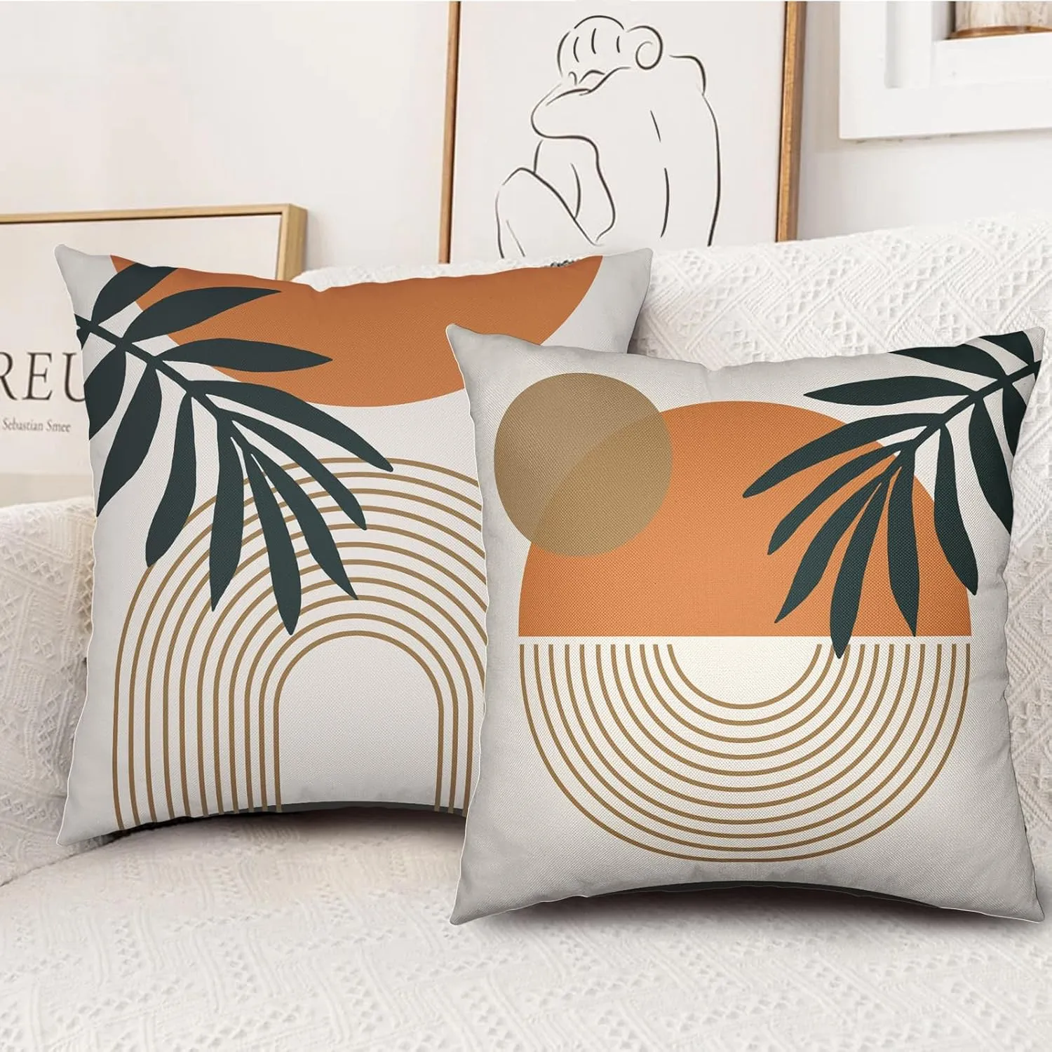 Boho Abstract Pillow Covers 18x18 Set of 2, Modern Geometric Leaf Decorative Throw Pillow Covers Tropical Bohemian Outdoor Decorations Farmhouse Linen Cushion Cases for Home Couch Sofa