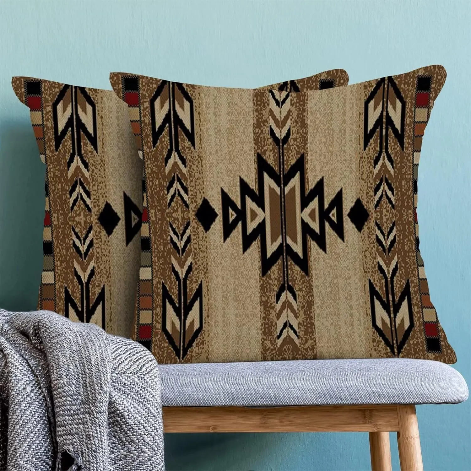 Boho Brown Carpet Throw Pillow Covers 18x18 Inch Set of 2, Rustic Tribal Decorative Throw Pillow Covers Antique Brown Linen Outdoor Cushion Cover for Sofa Couch Farmhouse Room Decor