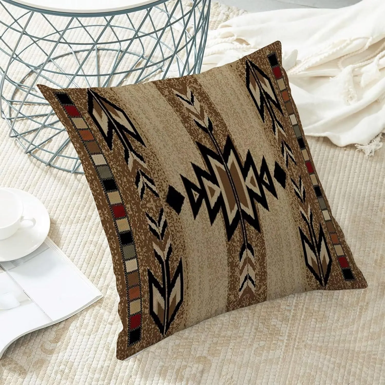 Boho Brown Carpet Throw Pillow Covers 18x18 Inch Set of 2, Rustic Tribal Decorative Throw Pillow Covers Antique Brown Linen Outdoor Cushion Cover for Sofa Couch Farmhouse Room Decor