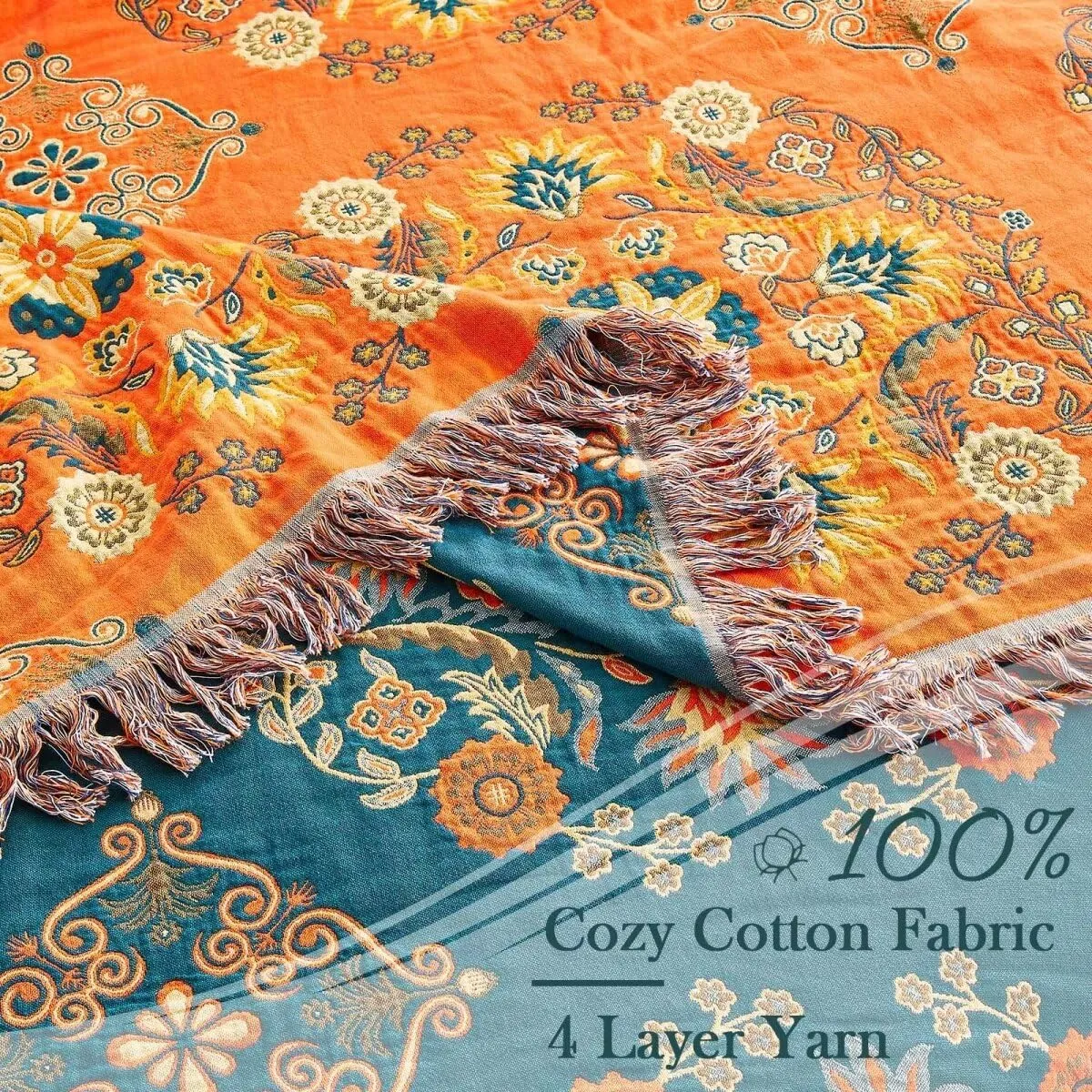 Boho Throw Blanket, 100% Cotton Ultra Soft Luxury Throw Rustic Quilt, 60"x80" Floral Printed Farmhouse Decor Bed Summer Blankets, All Season Rustic Reversible Bohemian Throw for Bed - Orange