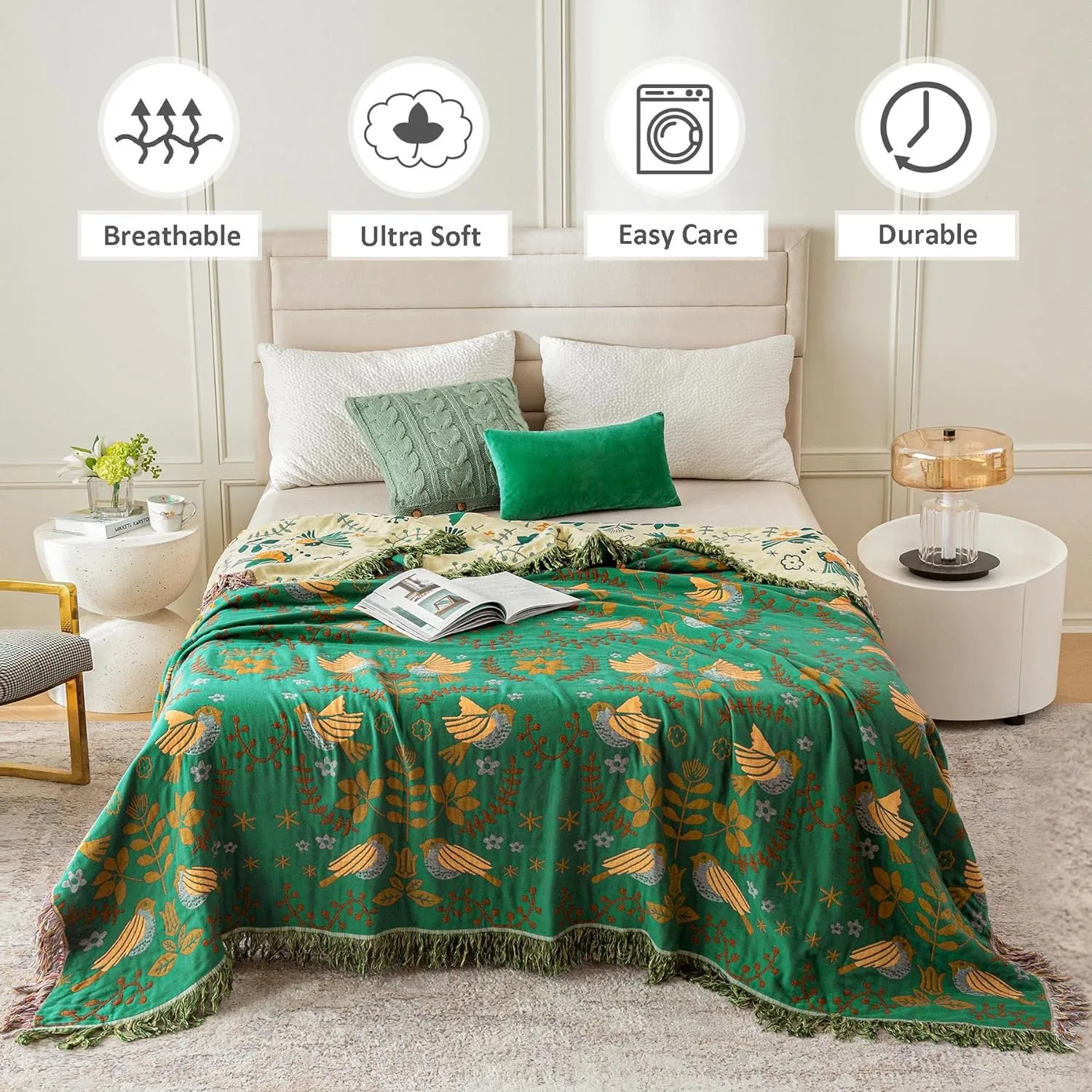 Boho Throw Blanket for Bed - 100% Cotton Ultra Soft Rustic Quilt Spring Blanket - Bird Floral Printed Farmhouse Decor Bed Blankets,60"×80" All Season Rustic Throw for Sofa Couch Chair