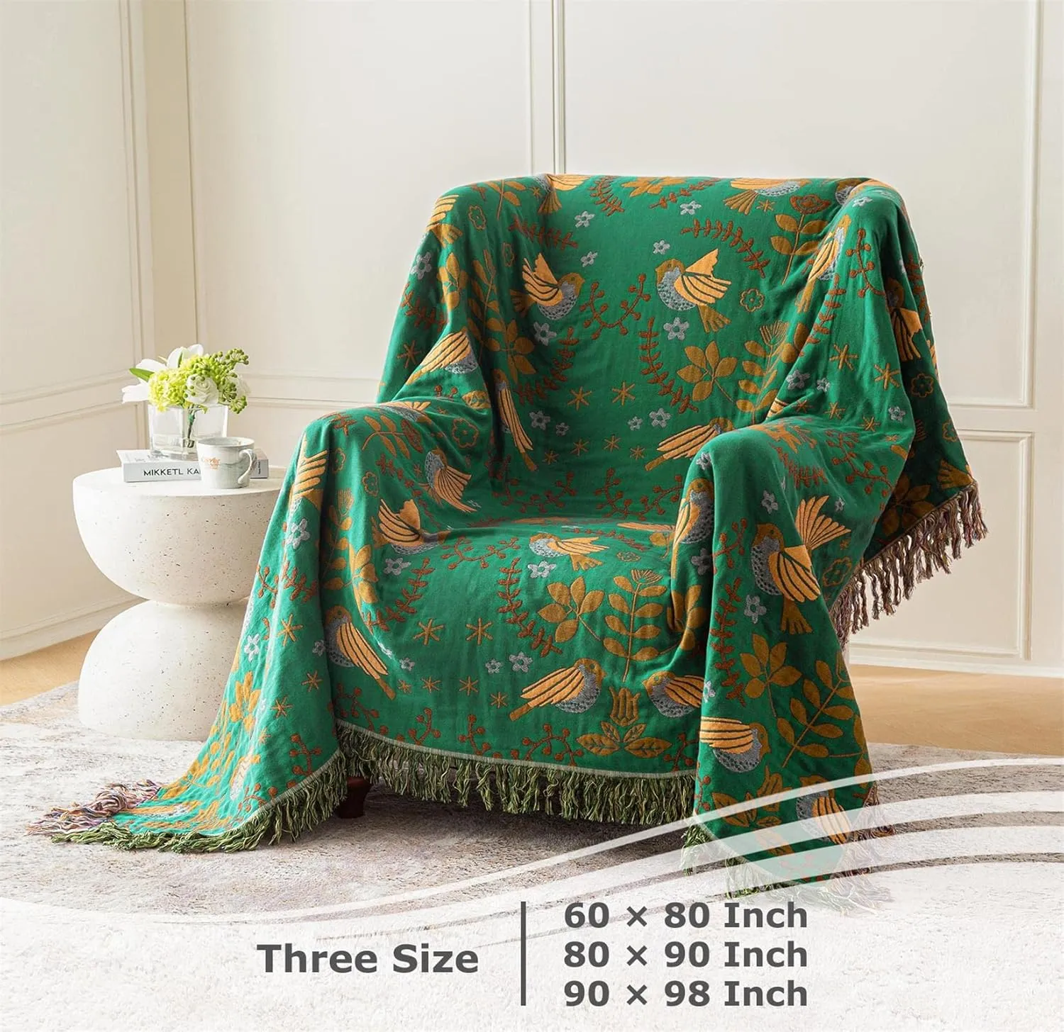 Boho Throw Blanket for Bed - 100% Cotton Ultra Soft Rustic Quilt Spring Blanket - Bird Floral Printed Farmhouse Decor Bed Blankets,60"×80" All Season Rustic Throw for Sofa Couch Chair