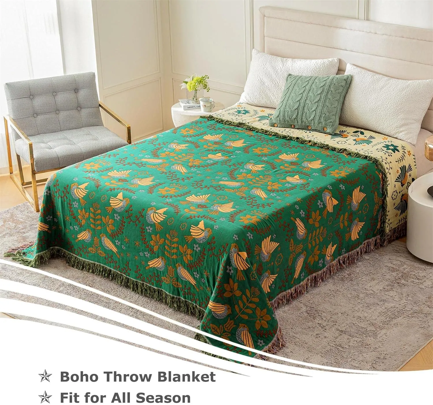Boho Throw Blanket for Bed - 100% Cotton Ultra Soft Rustic Quilt Spring Blanket - Bird Floral Printed Farmhouse Decor Bed Blankets,60"×80" All Season Rustic Throw for Sofa Couch Chair