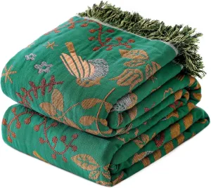 Boho Throw Blanket for Bed - 100% Cotton Ultra Soft Rustic Quilt Spring Blanket - Bird Floral Printed Farmhouse Decor Bed Blankets,60"×80" All Season Rustic Throw for Sofa Couch Chair