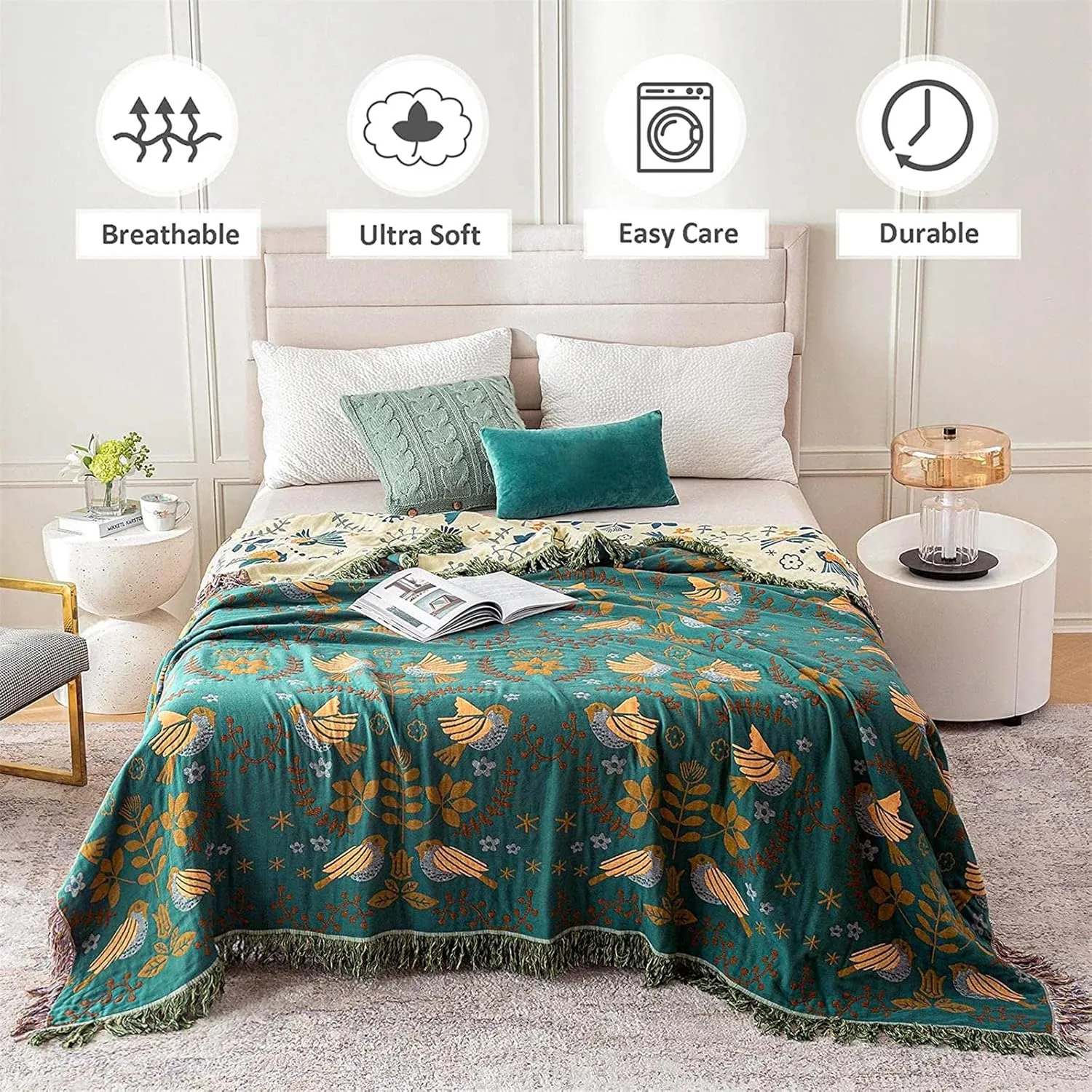 Boho Throw Blanket for Bed 100% Cotton Ultra Soft Rustic Quilt Summer Blanket Bird Floral Printed Farmhouse Decor Large Bed Blankets,60"×80" All Season Rustic Throw for Sofa Couch Chair