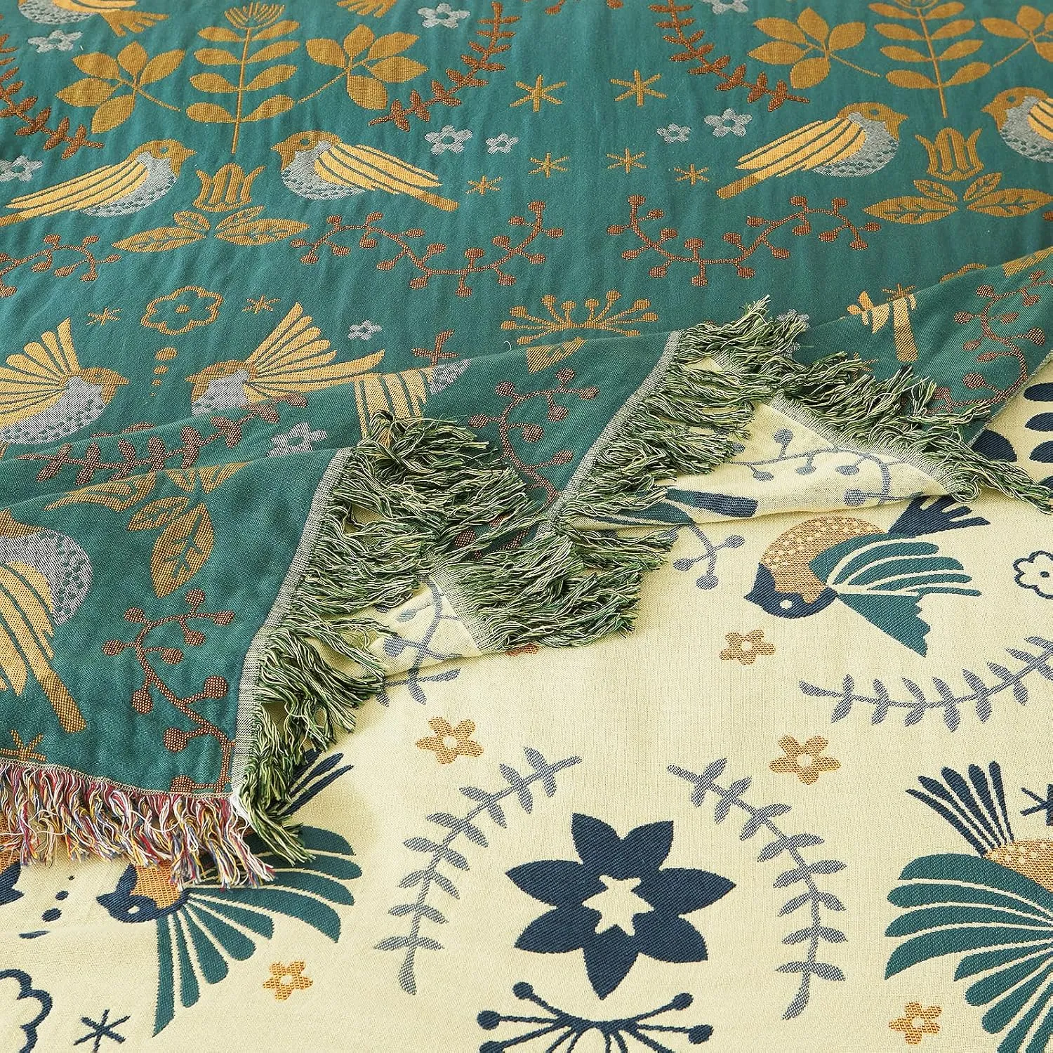 Boho Throw Blanket for Bed 100% Cotton Ultra Soft Rustic Quilt Summer Blanket Bird Floral Printed Farmhouse Decor Large Bed Blankets,60"×80" All Season Rustic Throw for Sofa Couch Chair