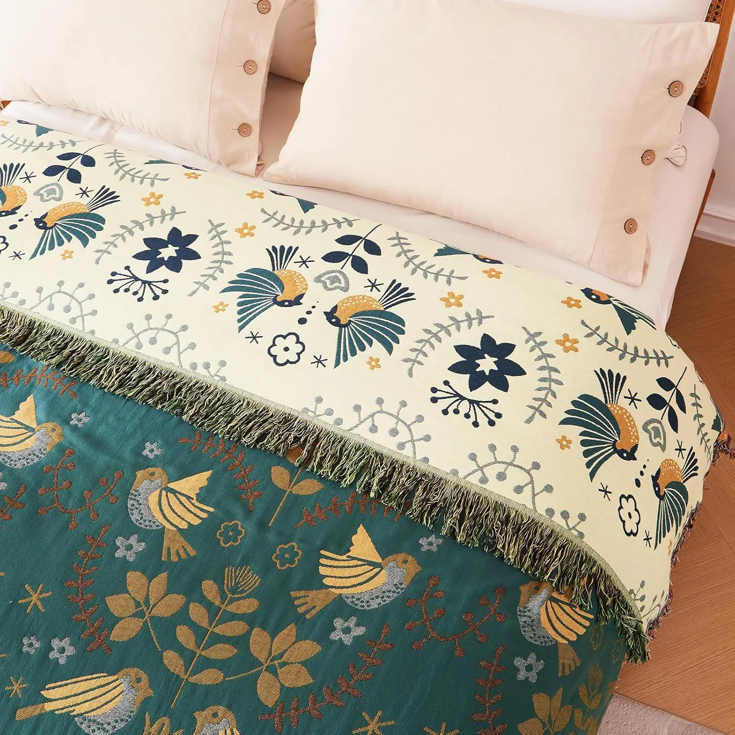 Boho Throw Blanket for Bed 100% Cotton Ultra Soft Rustic Quilt Summer Blanket Bird Floral Printed Farmhouse Decor Large Bed Blankets,60"×80" All Season Rustic Throw for Sofa Couch Chair