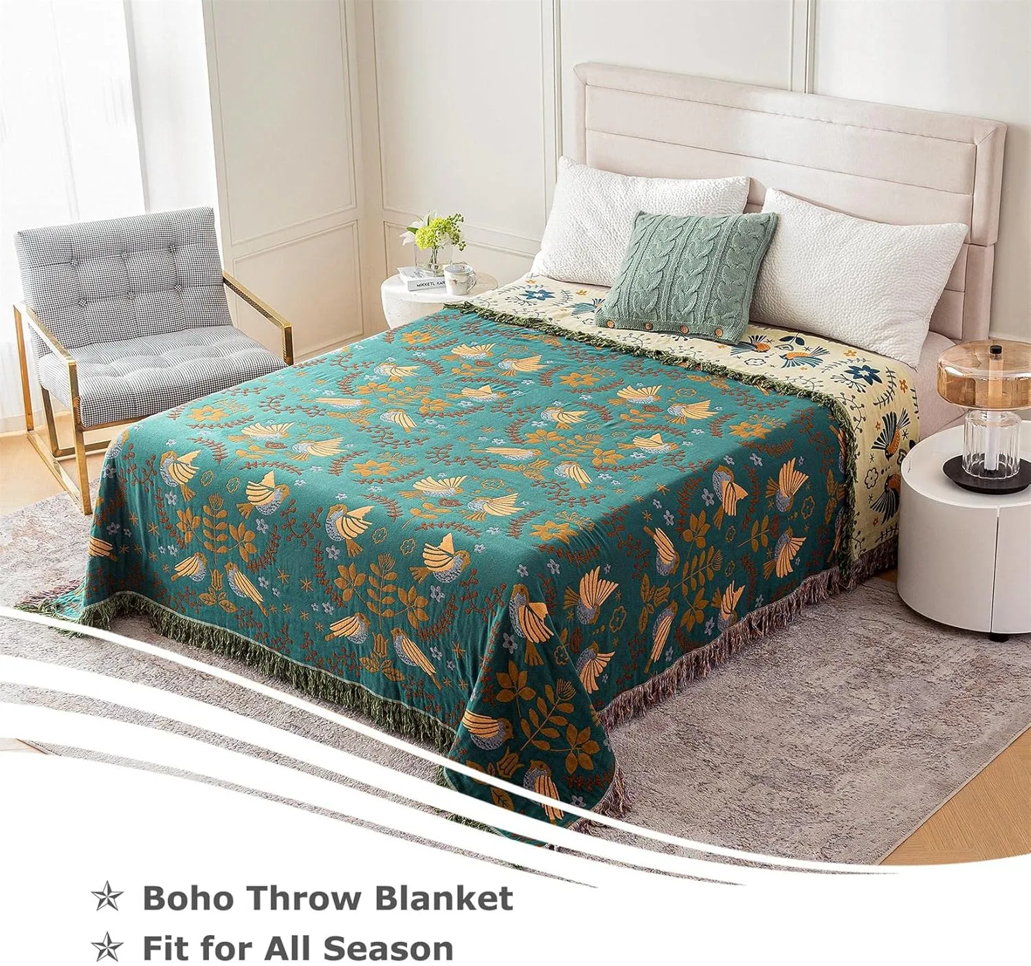 Boho Throw Blanket for Bed 100% Cotton Ultra Soft Rustic Quilt Summer Blanket Bird Floral Printed Farmhouse Decor Large Bed Blankets,60"×80" All Season Rustic Throw for Sofa Couch Chair