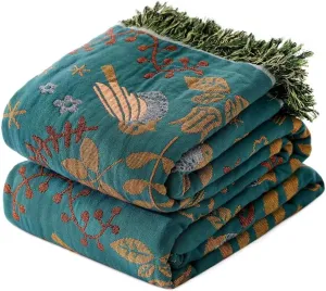 Boho Throw Blanket for Bed 100% Cotton Ultra Soft Rustic Quilt Summer Blanket Bird Floral Printed Farmhouse Decor Large Bed Blankets,60"×80" All Season Rustic Throw for Sofa Couch Chair