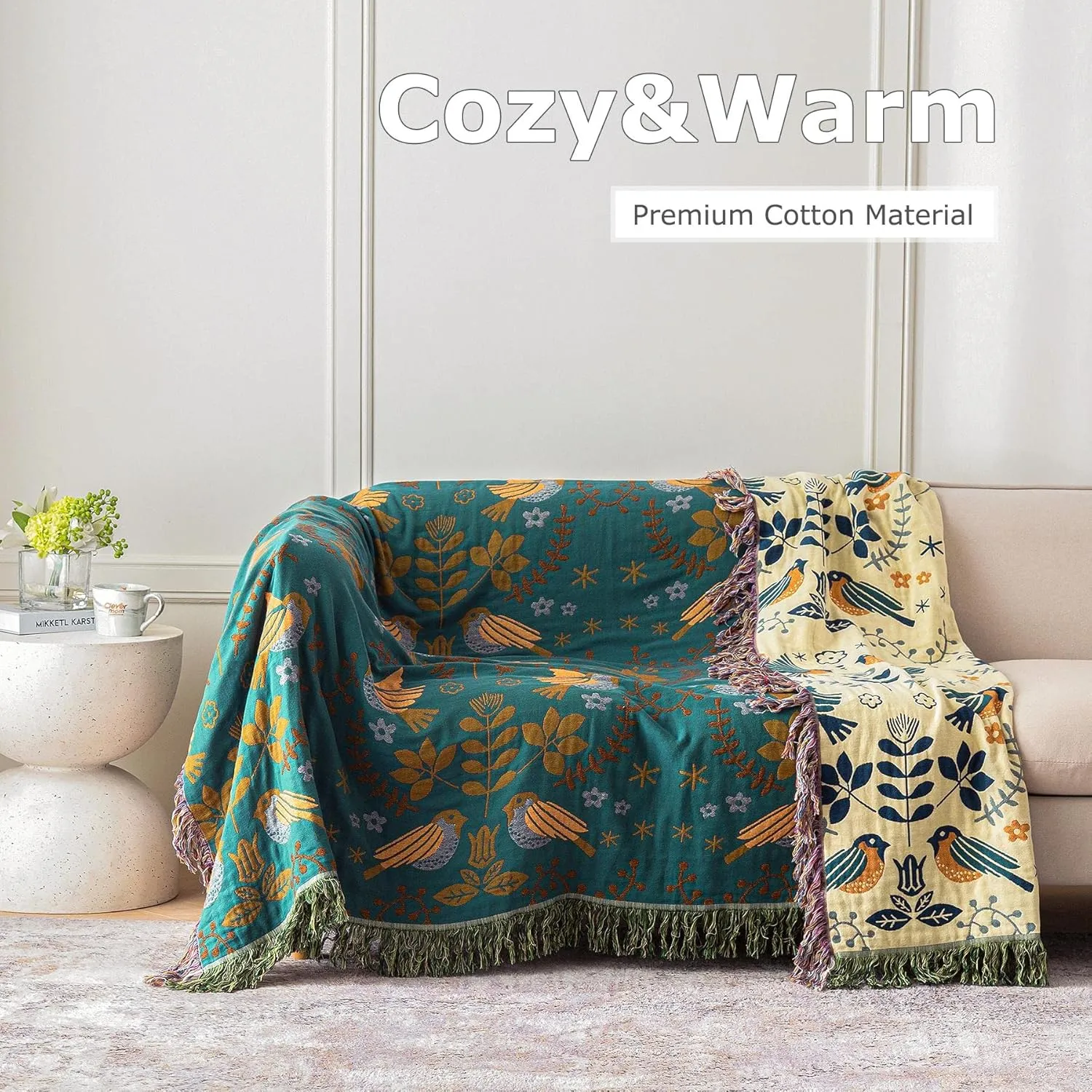 Boho Throw Blanket for Bed 100% Cotton Ultra Soft Rustic Quilt Summer Blanket Bird Floral Printed Farmhouse Decor Large Bed Blankets,60"×80" All Season Rustic Throw for Sofa Couch Chair
