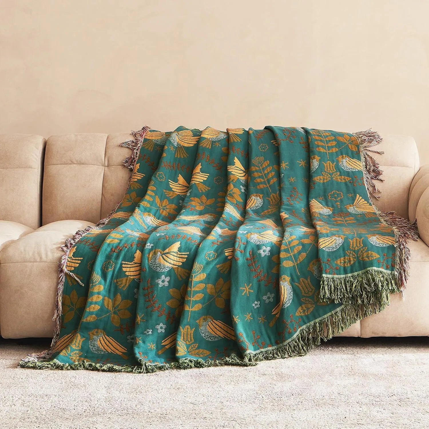 Boho Throw Blanket for Bed 100% Cotton Ultra Soft Rustic Quilt Summer Blanket Bird Floral Printed Farmhouse Decor Large Bed Blankets,60"×80" All Season Rustic Throw for Sofa Couch Chair