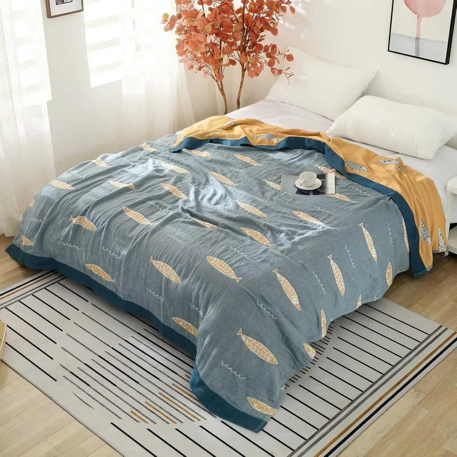 Boho Throw Blanket for Bed 100% Cotton Ultra Soft Rustic Quilt Summer Blanket Fish Printed Farmhouse Decor Bed Blankets,60"×80" All Season Rustic Throw for Sofa Couch Chair