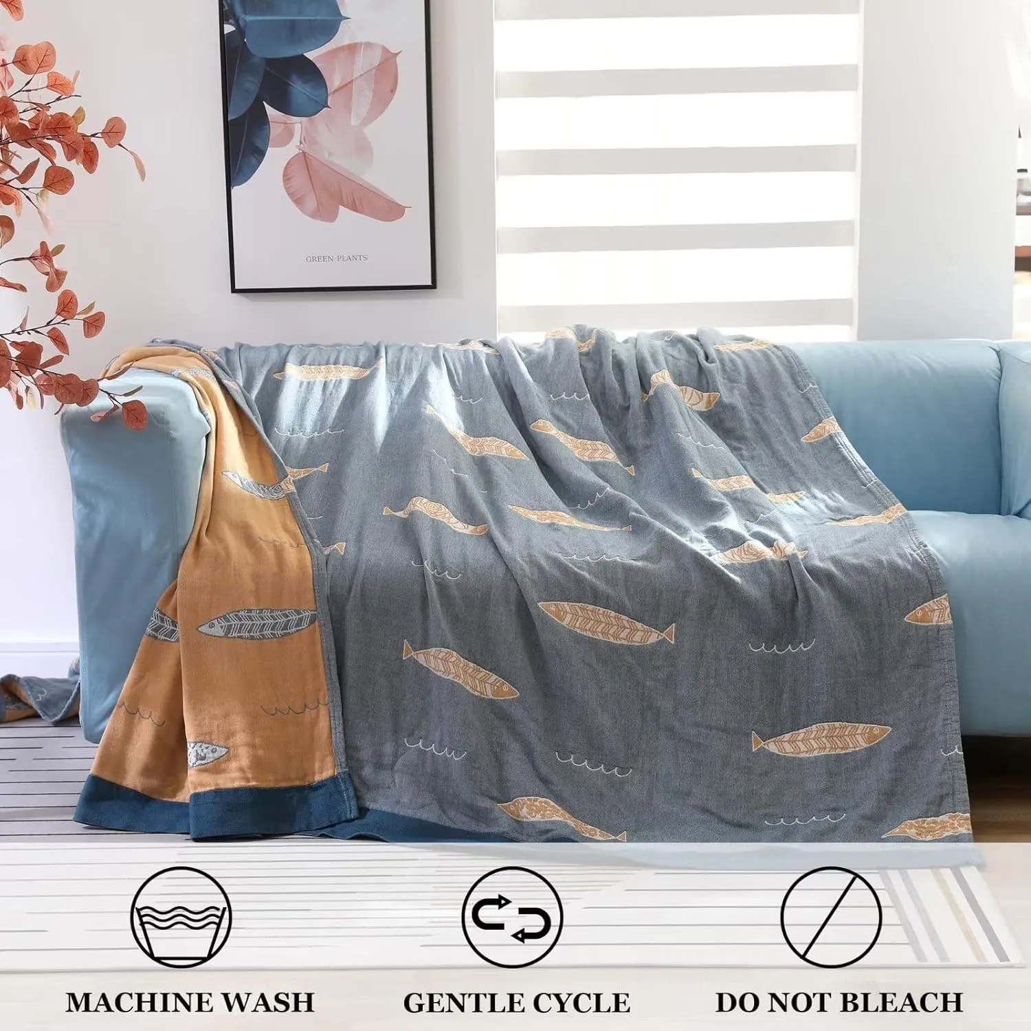 Boho Throw Blanket for Bed 100% Cotton Ultra Soft Rustic Quilt Summer Blanket Fish Printed Farmhouse Decor Bed Blankets,60"×80" All Season Rustic Throw for Sofa Couch Chair