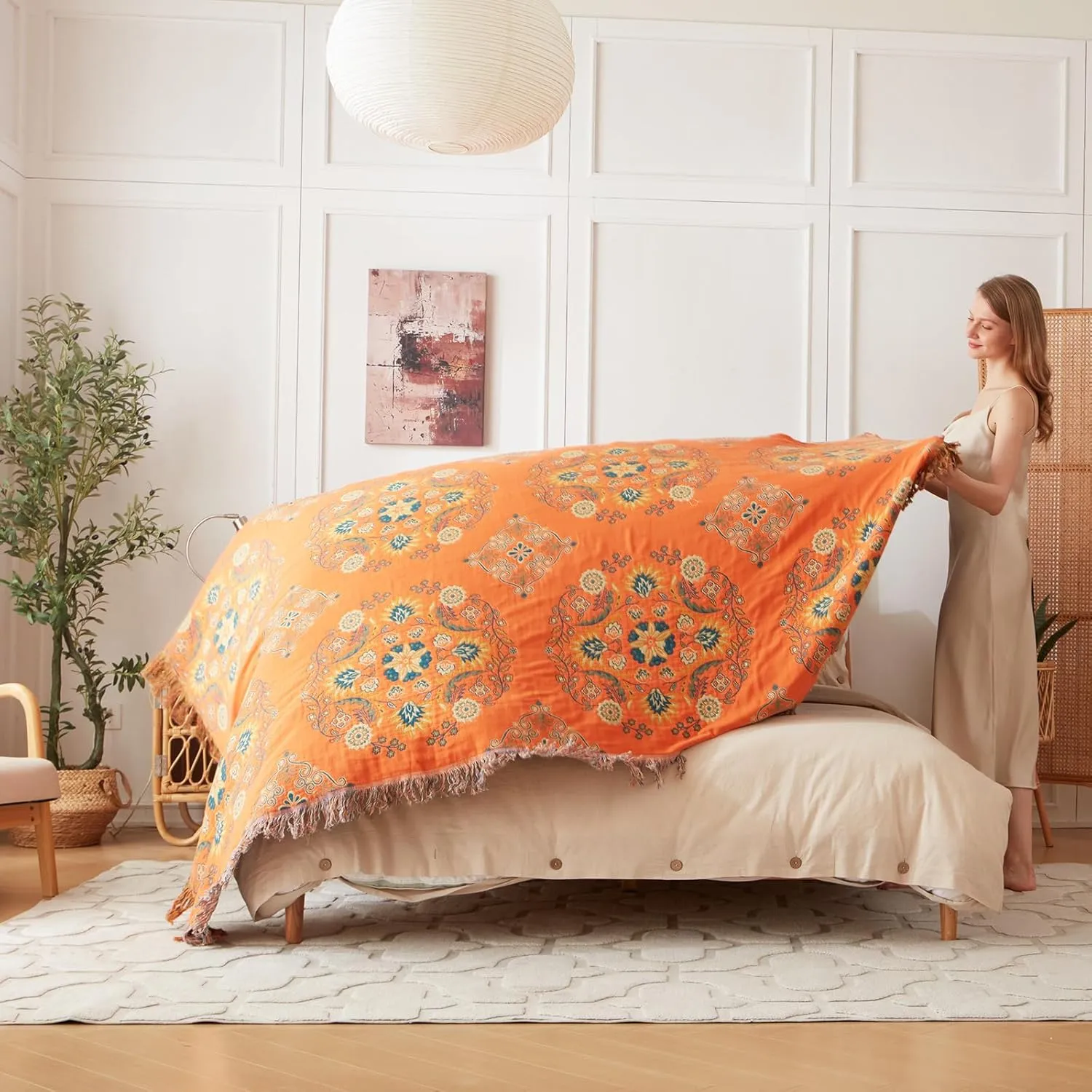 Boho Throw Blanket for Bed 100% Cotton Ultra Soft Rustic Quilt Summer Blanket Floral Farmhouse Decor Bed Blankets,All Season Rustic Throw for Sofa Chair 90"×98"