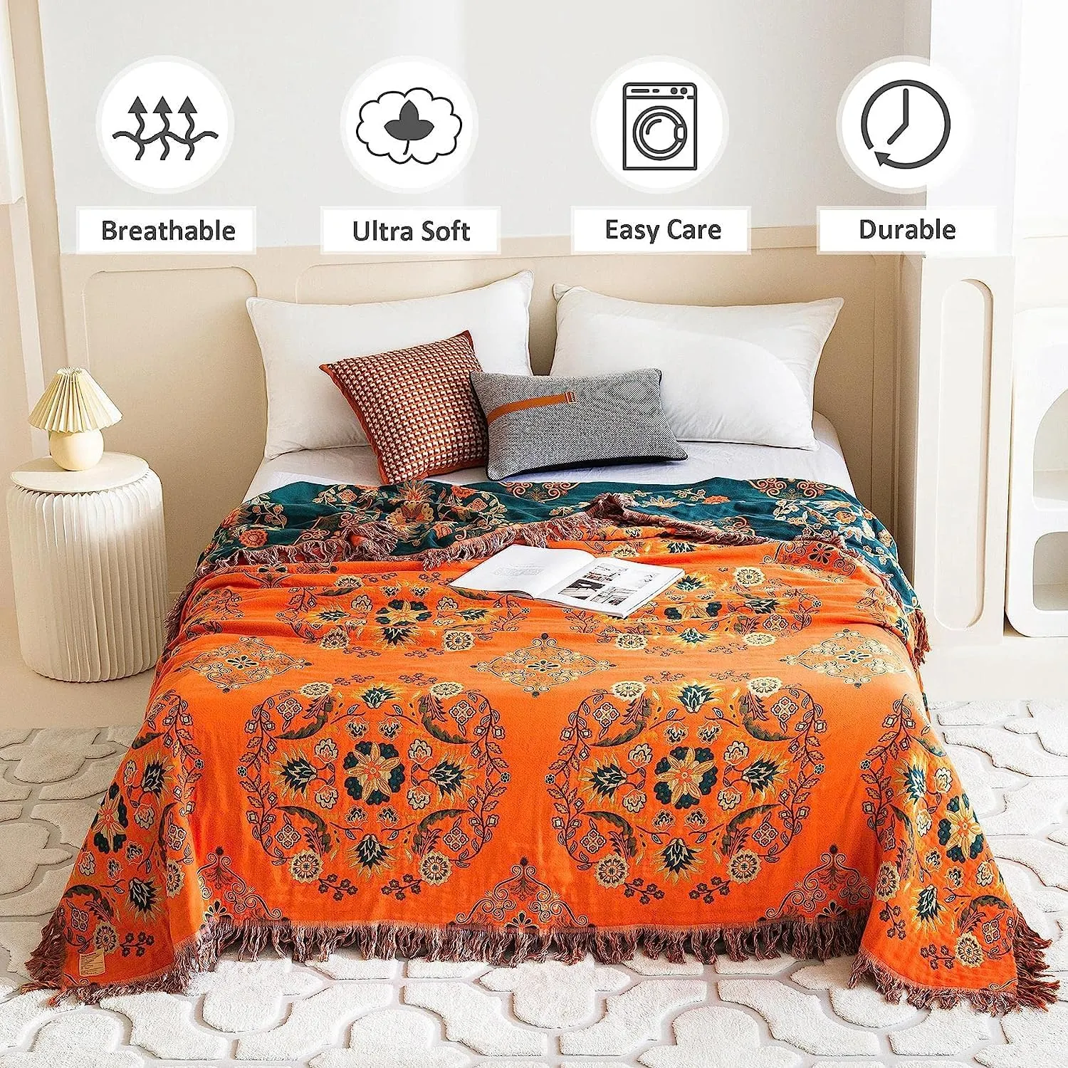 Boho Throw Blanket for Bed 100% Cotton Ultra Soft Rustic Quilt Summer Blanket Floral Farmhouse Decor Bed Blankets,All Season Rustic Throw for Sofa Chair 90"×98"