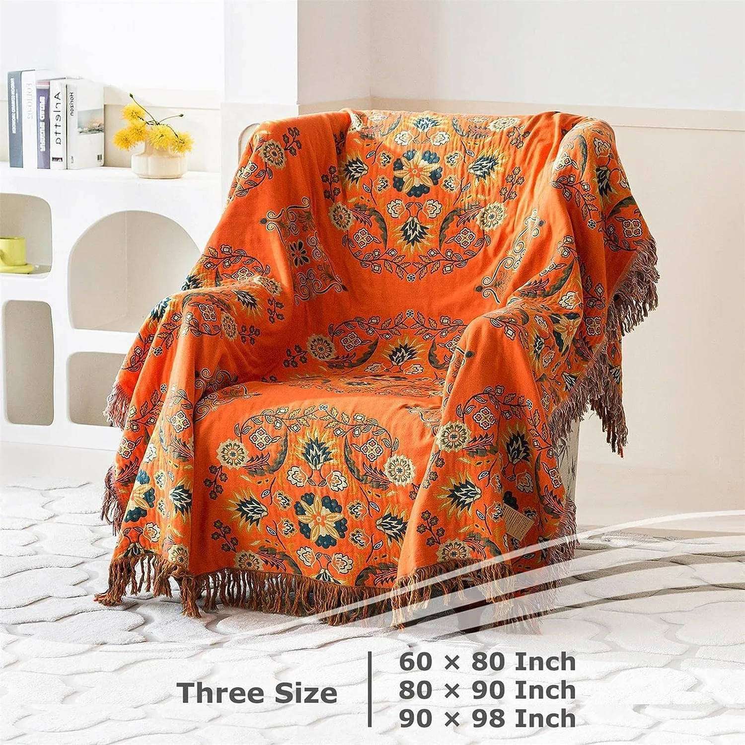 Boho Throw Blanket for Bed 100% Cotton Ultra Soft Rustic Quilt Summer Blanket Floral Farmhouse Decor Bed Blankets,All Season Rustic Throw for Sofa Chair 90"×98"