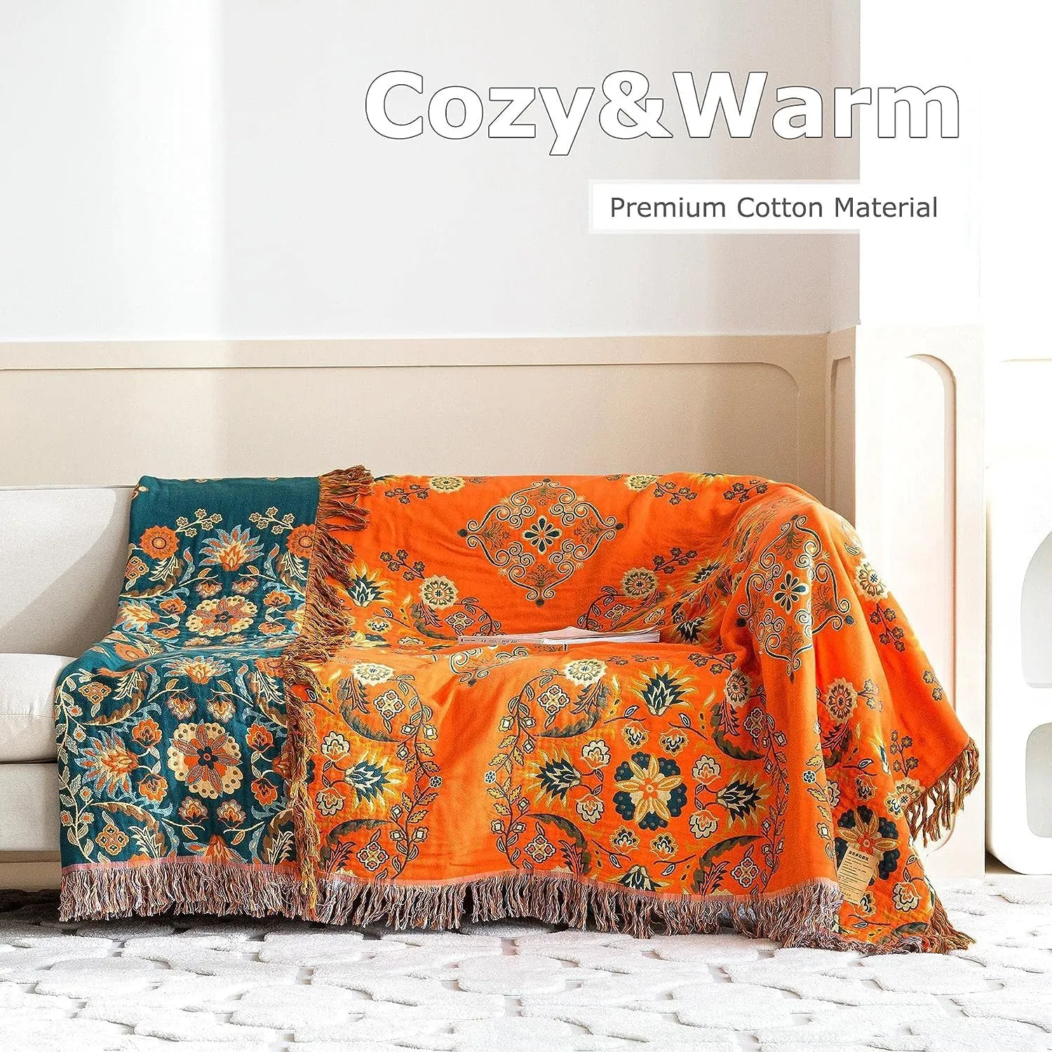 Boho Throw Blanket for Bed 100% Cotton Ultra Soft Rustic Quilt Summer Blanket Floral Farmhouse Decor Bed Blankets,All Season Rustic Throw for Sofa Chair 90"×98"