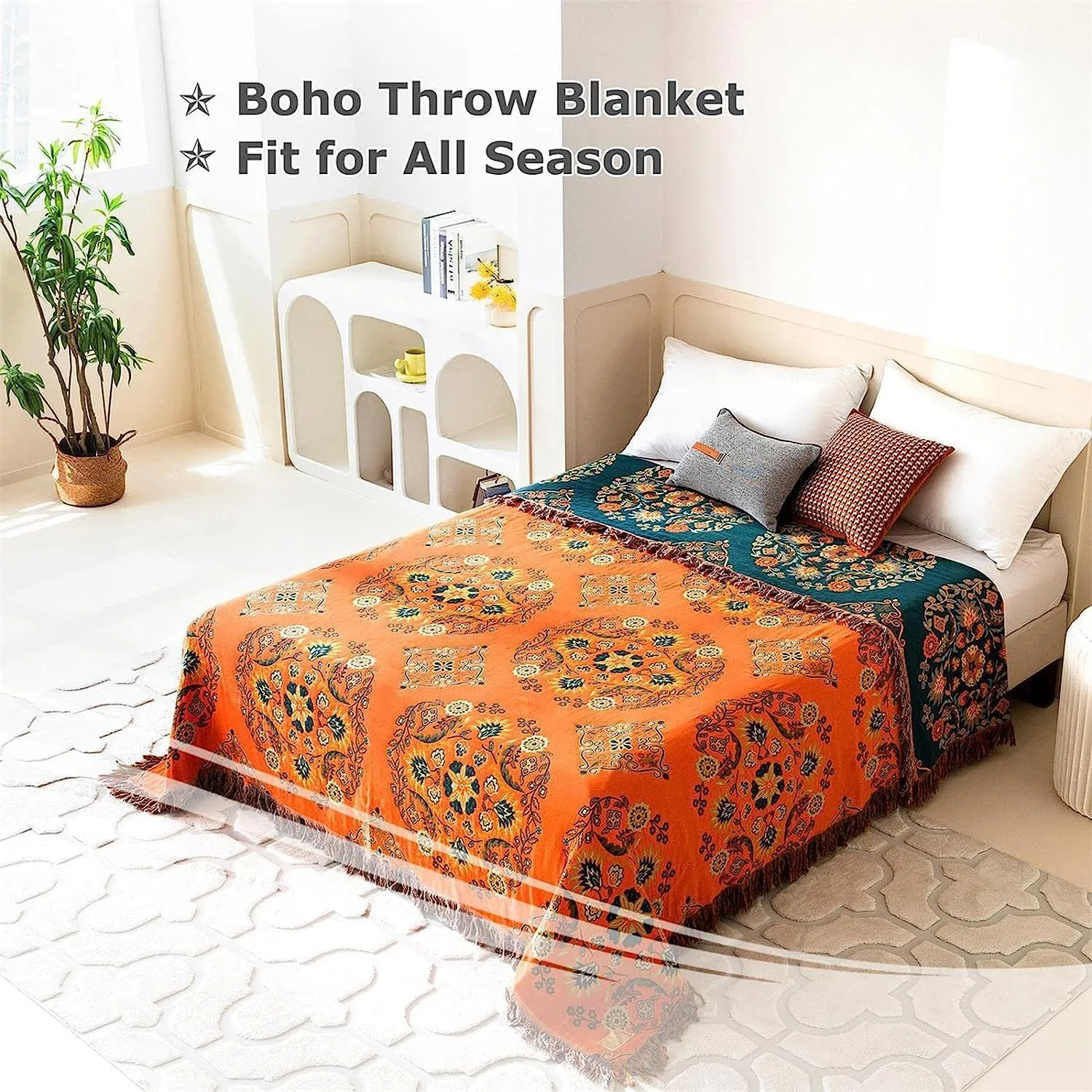 Boho Throw Blanket for Bed 100% Cotton Ultra Soft Rustic Quilt Summer Blanket Floral Farmhouse Decor Bed Blankets,All Season Rustic Throw for Sofa Chair 90"×98"