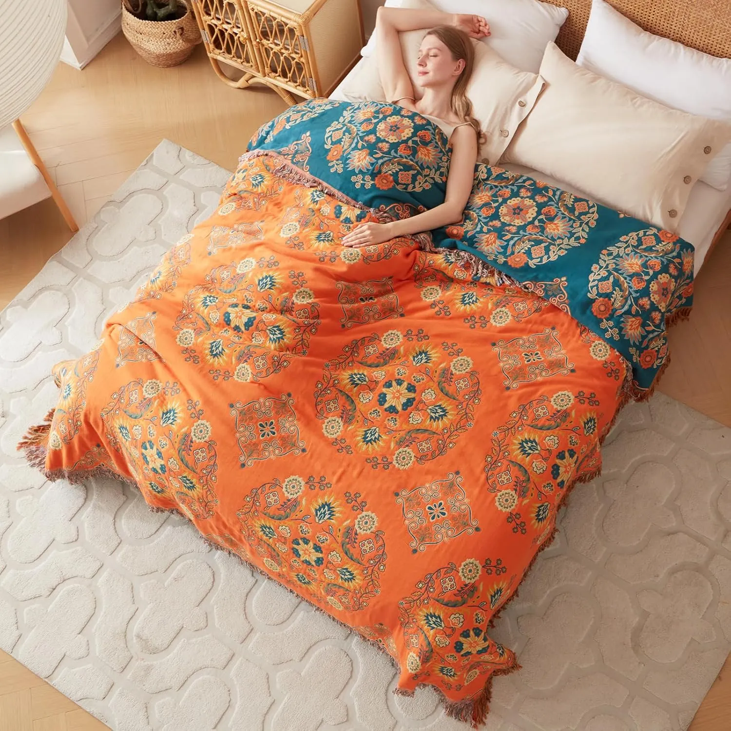 Boho Throw Blanket for Bed 100% Cotton Ultra Soft Rustic Quilt Summer Blanket Floral Farmhouse Decor Bed Blankets,All Season Rustic Throw for Sofa Chair 90"×98"