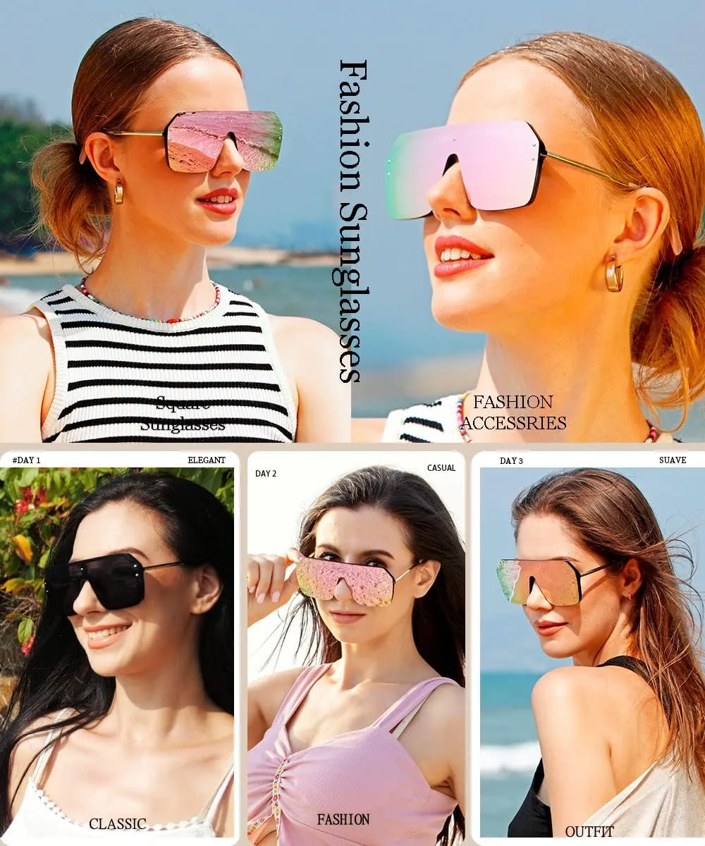 BOJOD Oversized Sunglasses for Women Trendy One Piece Flat Top Rimless Sunglasses Siamese Big Large Shades