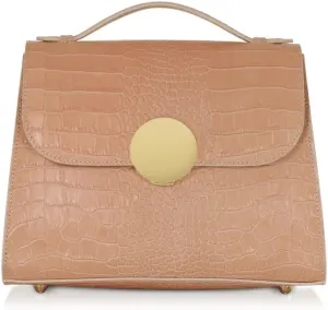Bombo Croco Embossed Leather Satchel, Top-Handle Bag with Strap, 9.8 x 7.9 x 3.9 inches