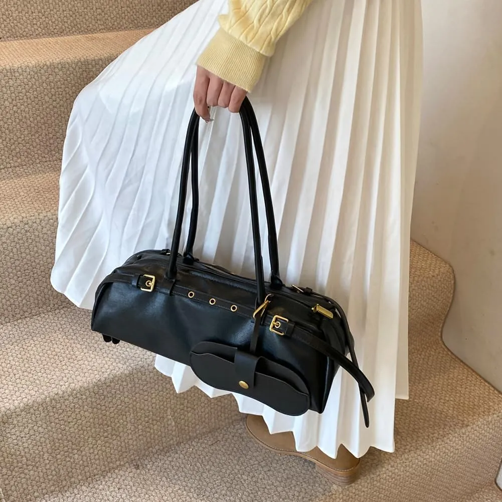 Boston Shoulder Bags for Women PU Leather Tote Bag Casual Bowling Bag Purse Retro Underarm Bag