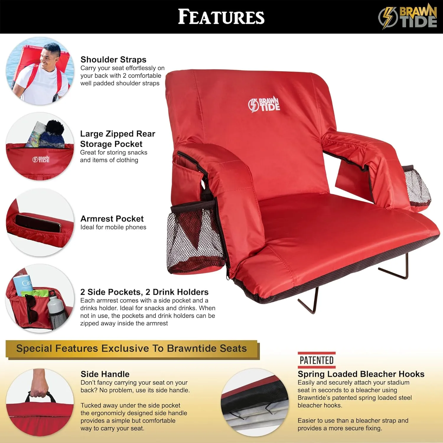 BRAWNTIDE Stadium Seat with Back Support - Comfy Cushion, Thick Padding, 2 Steel Bleacher Hooks, 4 Pockets, 2 Cup Holders, Reclining Back, Ideal Chair for Sport Events, Beaches, Camping, Concerts