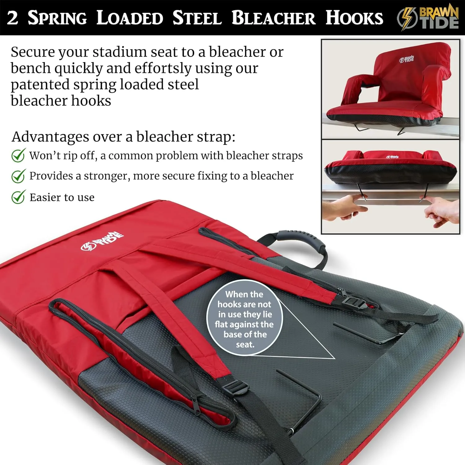 BRAWNTIDE Stadium Seat with Back Support - Comfy Cushion, Thick Padding, 2 Steel Bleacher Hooks, 4 Pockets, 2 Cup Holders, Reclining Back, Ideal Chair for Sport Events, Beaches, Camping, Concerts