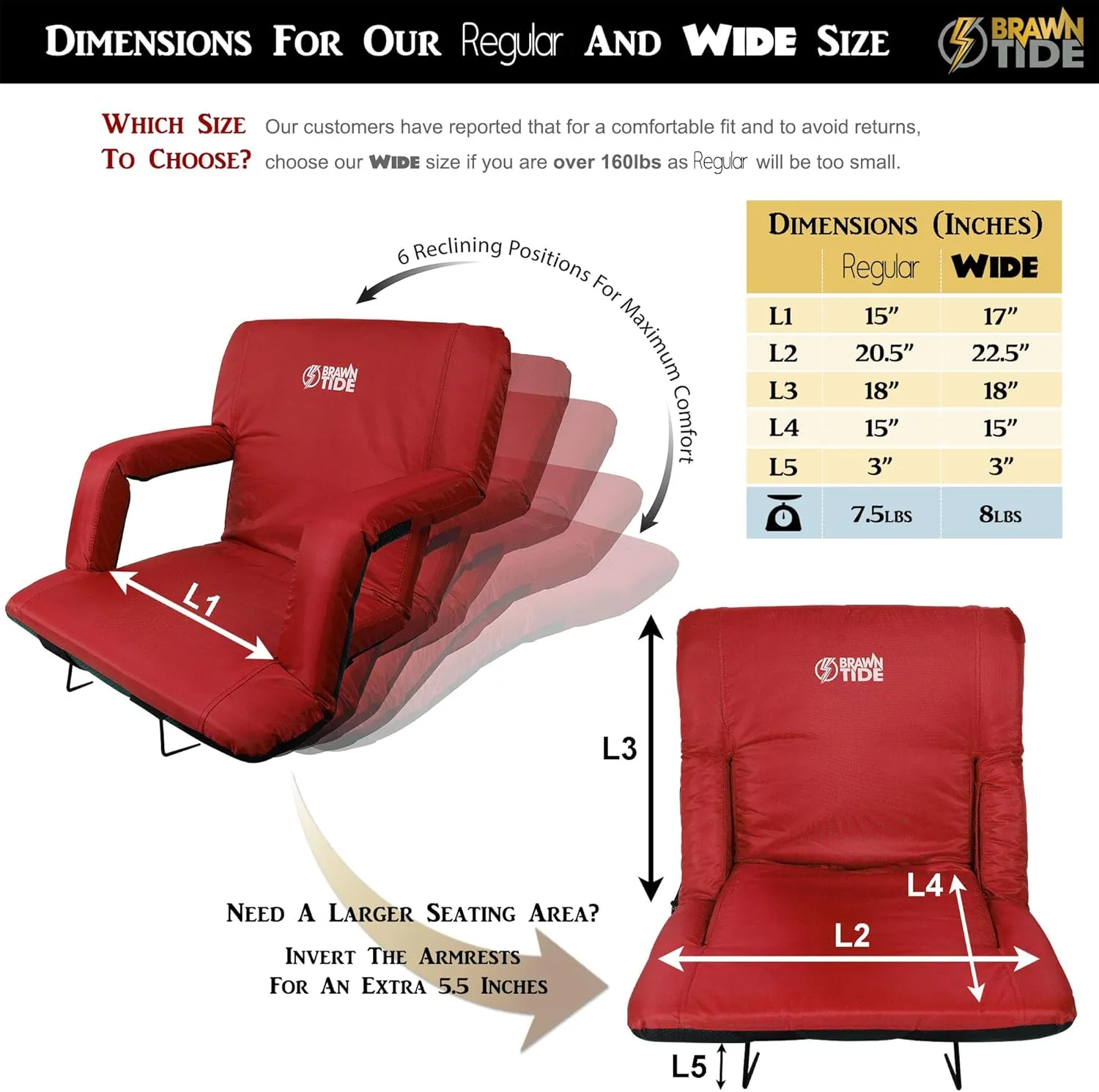 BRAWNTIDE Stadium Seat with Back Support - Comfy Cushion, Thick Padding, 2 Steel Bleacher Hooks, 4 Pockets, 2 Cup Holders, Reclining Back, Ideal Chair for Sport Events, Beaches, Camping, Concerts
