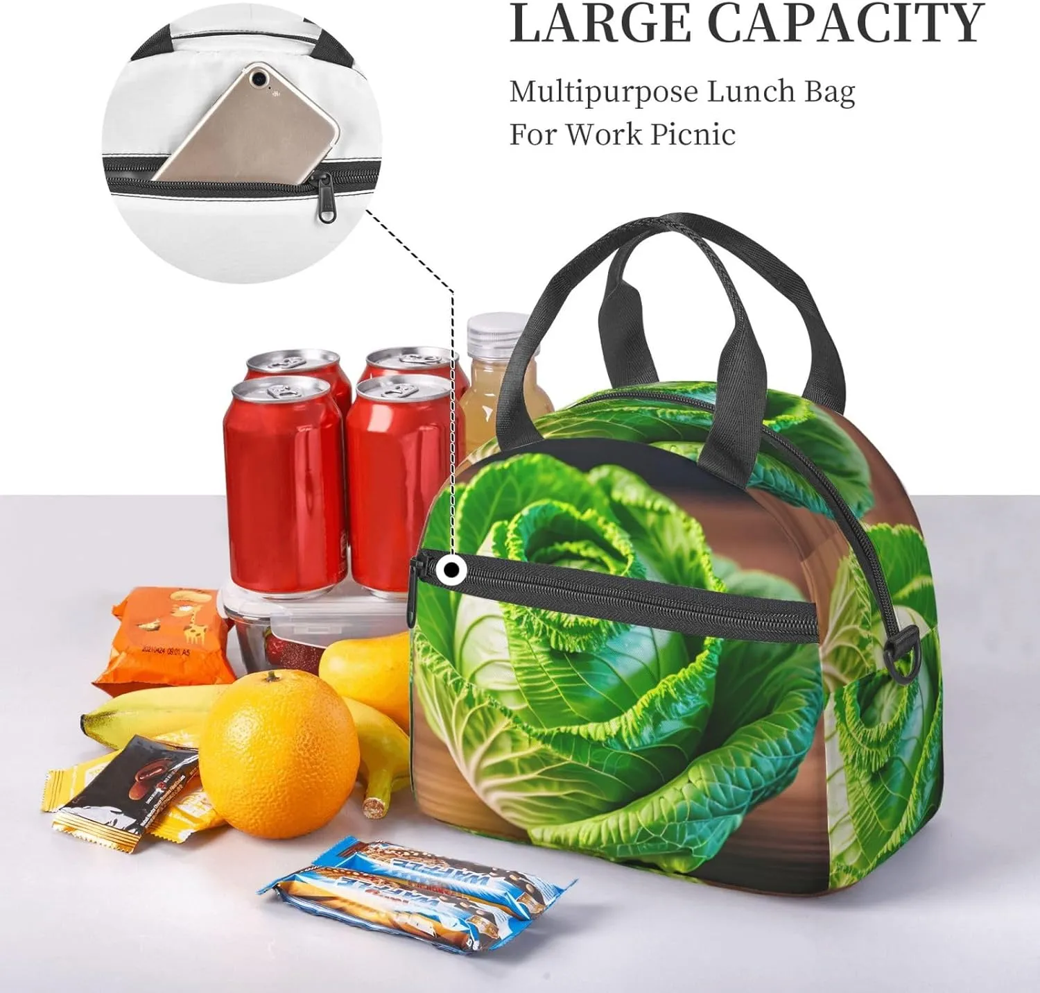 Bright Cabbage Lunch Bag Lunch Box Reusable Insulated For Adults For Work Travel Women Men