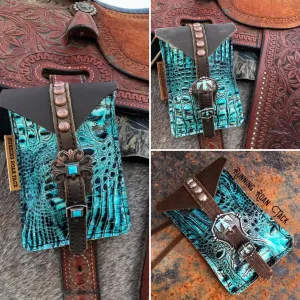 Bright Turquoise Croc Mini Saddle Bag with Your Choice of Buckle and Fringe for Phone, Keys, Roping Powder, etc