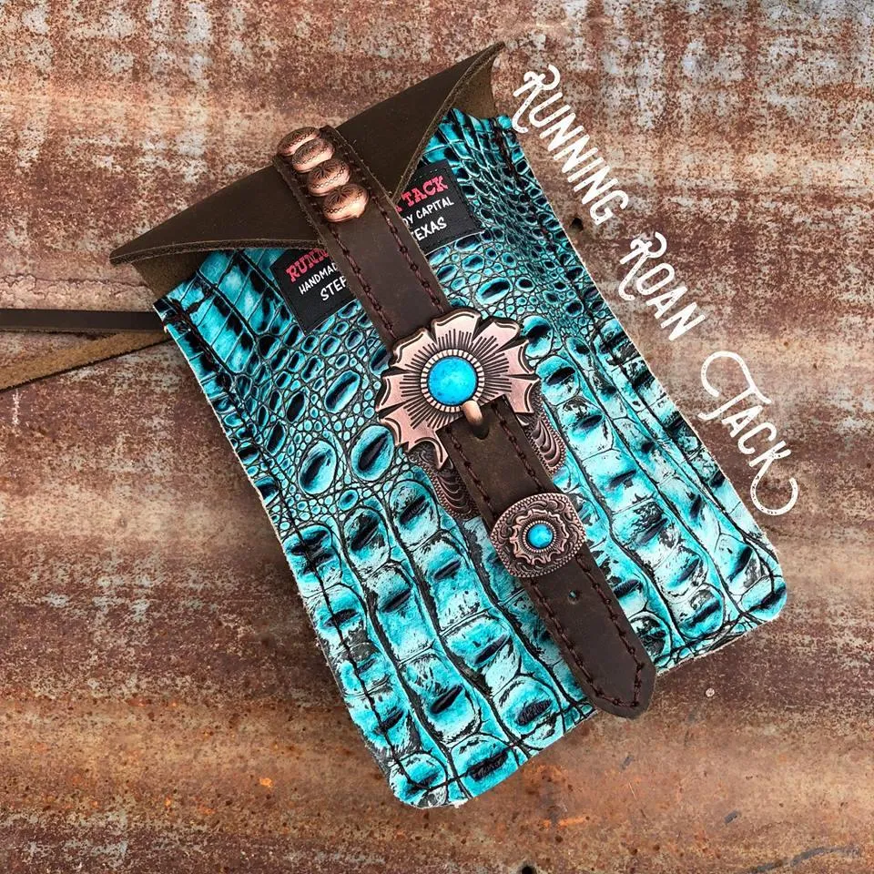 Bright Turquoise Croc Mini Saddle Bag with Your Choice of Buckle and Fringe for Phone, Keys, Roping Powder, etc