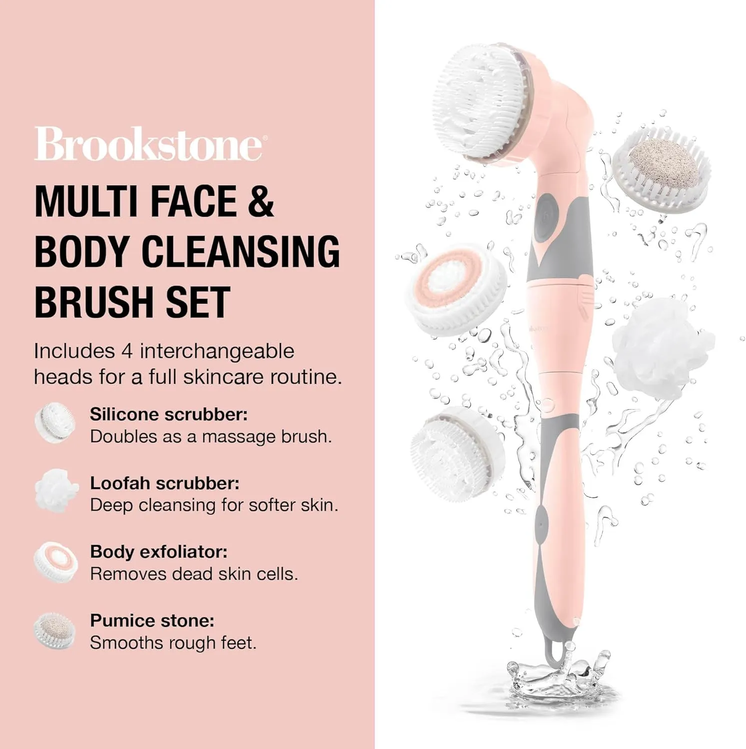 Brookstone Multi Face and Body Cleansing Brush Set | 4 Interchangeable Brush Heads | Rotating Technology for Deep Cleansing | Waterproof Design | Pink/Gray