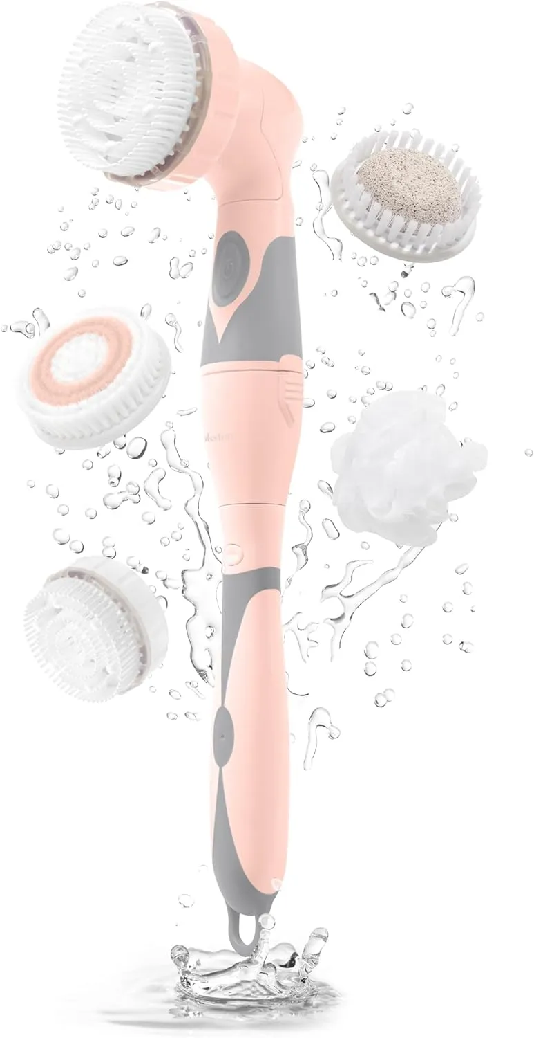 Brookstone Multi Face and Body Cleansing Brush Set | 4 Interchangeable Brush Heads | Rotating Technology for Deep Cleansing | Waterproof Design | Pink/Gray