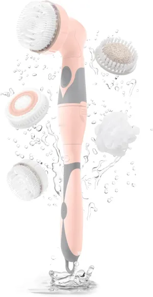 Brookstone Multi Face and Body Cleansing Brush Set | 4 Interchangeable Brush Heads | Rotating Technology for Deep Cleansing | Waterproof Design | Pink/Gray