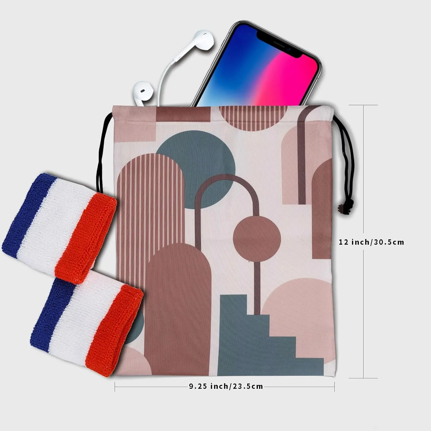 Brown Blue Gymnastics Grip Bag - Pink Geometric Drawstring Gym Bag for Gymnasts with Modern Art Design, Mid-Century Artwork Pouch, Water Resistant, Adjustable for Grips, Shoe, Towel