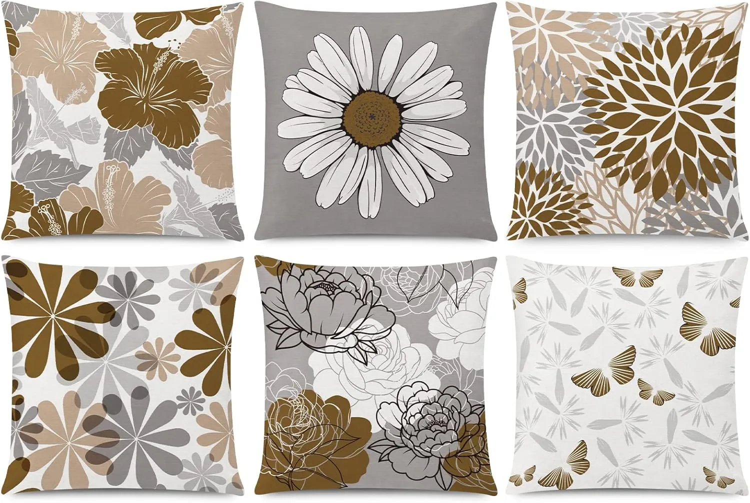 Brown Grey Pillow Covers 20x20 Set of 6 Decorative Daisy Flower Throw Pillow Cover for Couch Modern Coffee Pillow Case for Patio Living Room Cushion Bed Farmhouse Home Decor