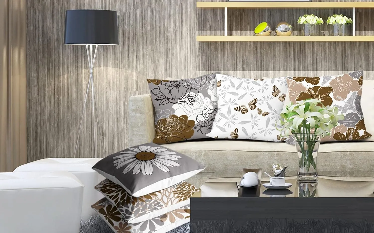 Brown Grey Pillow Covers 20x20 Set of 6 Decorative Daisy Flower Throw Pillow Cover for Couch Modern Coffee Pillow Case for Patio Living Room Cushion Bed Farmhouse Home Decor