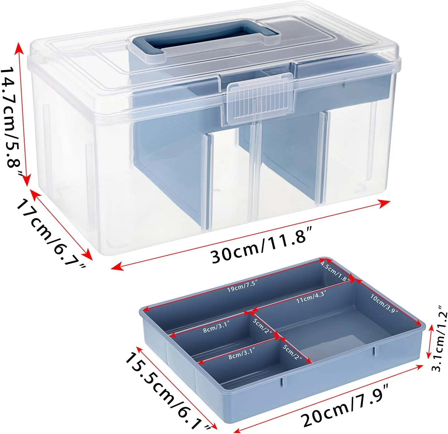 BTSKY 2 Layer Clear Plastic Dividing Storage Box with Removable Tray Multipurpose Stationery Storage Box with Handle Portable Sewing Box Art Craft Supply Organizer Home Utility Box (Big Blue)