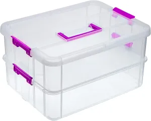 BTSKY 2 Layer Stack & Carry Box, Plastic Multipurpose Portable Storage Container Box Handled Organizer Storage Box for Organizing Stationery, Sewing, Art Craft, Jewelry and Beauty Supplies(Purple)