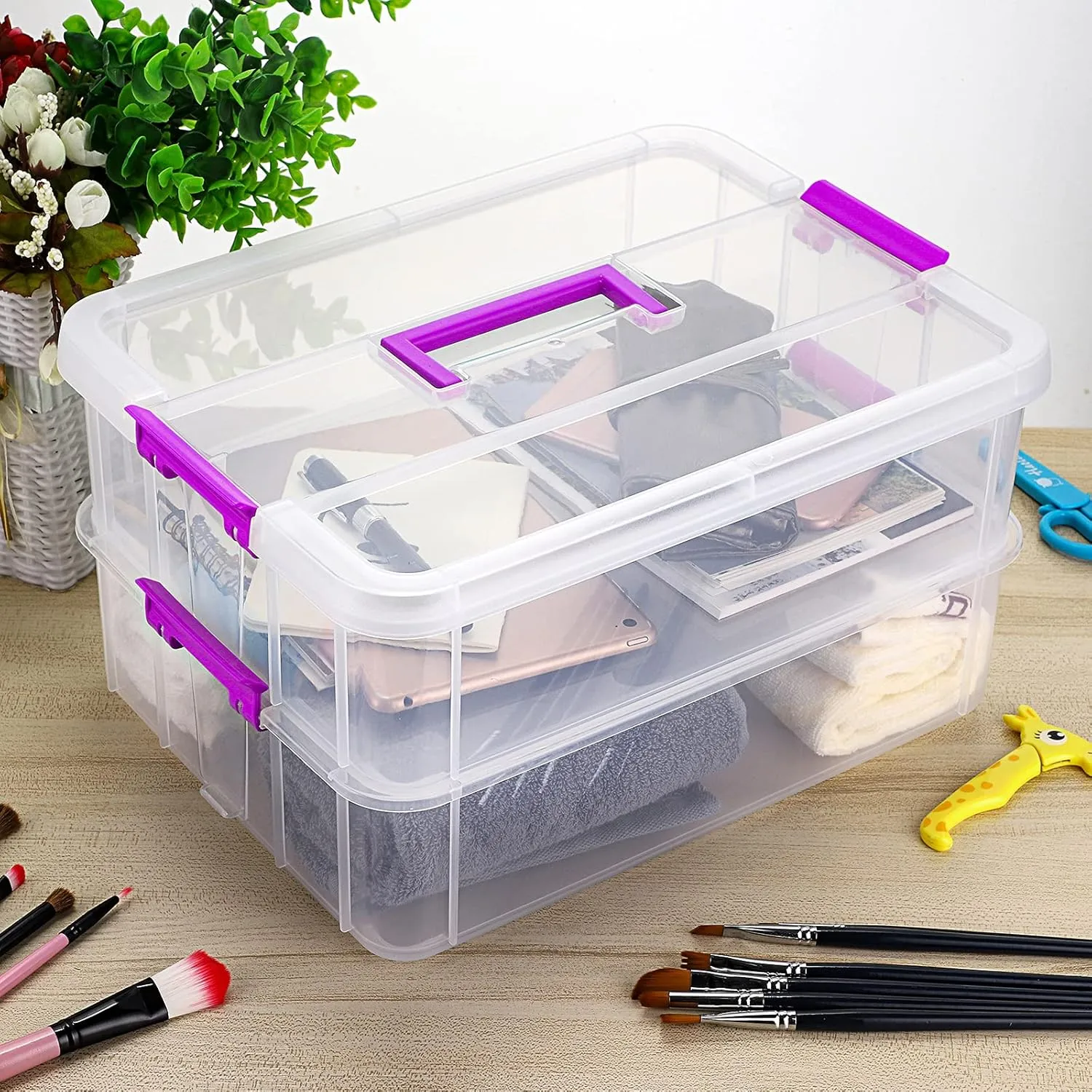 BTSKY 2 Layer Stack & Carry Box, Plastic Multipurpose Portable Storage Container Box Handled Organizer Storage Box for Organizing Stationery, Sewing, Art Craft, Jewelry and Beauty Supplies(Purple)