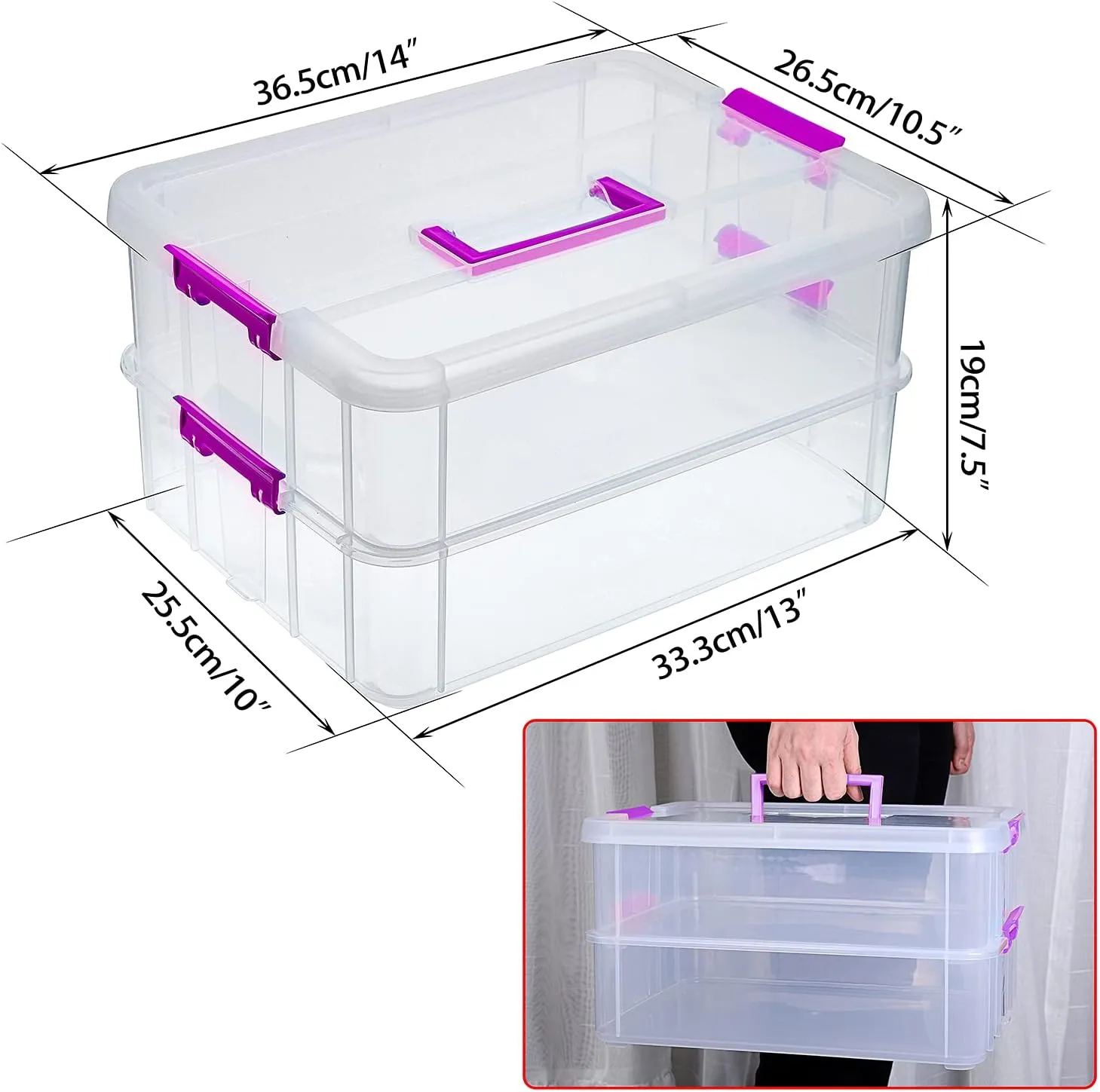 BTSKY 2 Layer Stack & Carry Box, Plastic Multipurpose Portable Storage Container Box Handled Organizer Storage Box for Organizing Stationery, Sewing, Art Craft, Jewelry and Beauty Supplies(Purple)